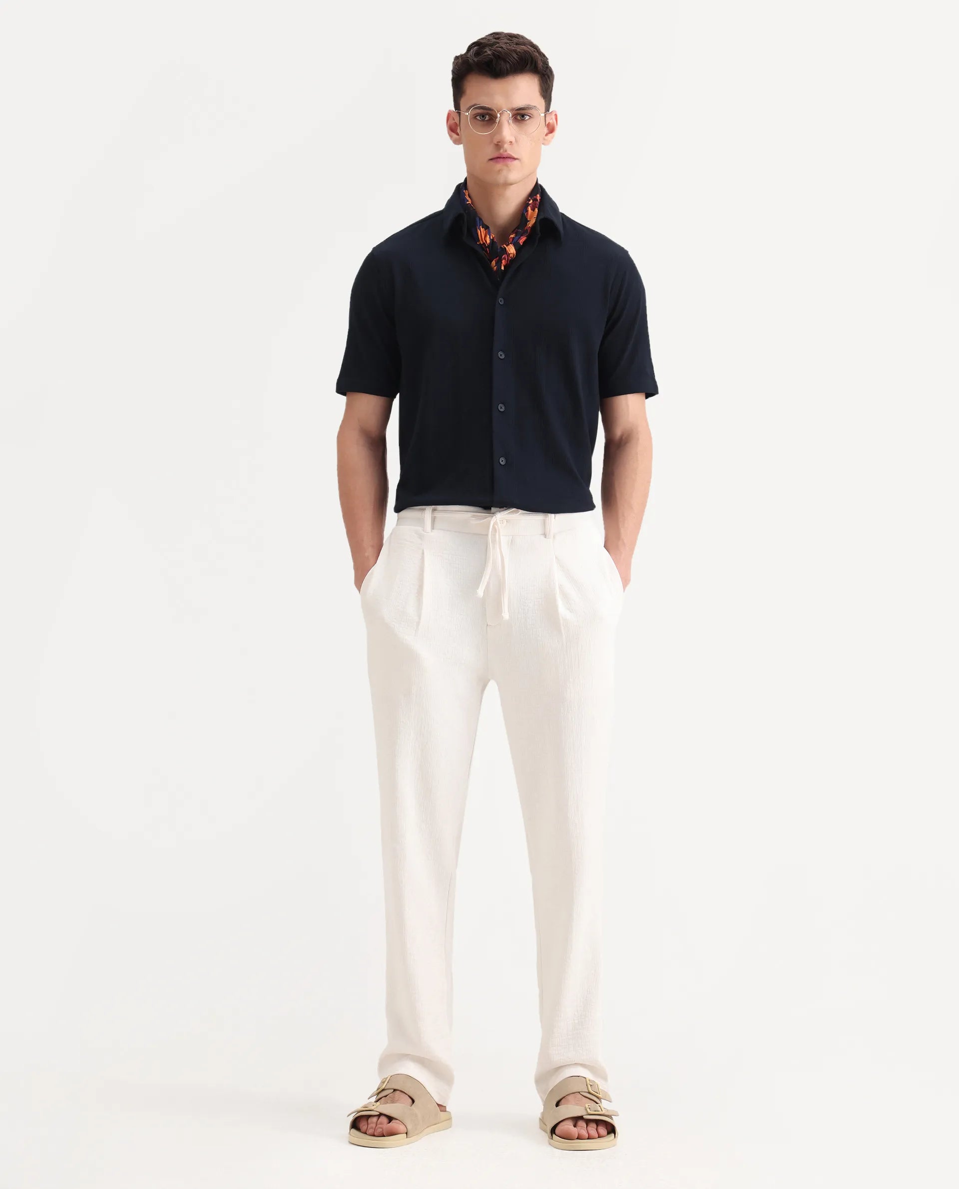 Rare Rabbit Men's Keloe Off White Cotton Blend Plain Relaxed Fit Trouser