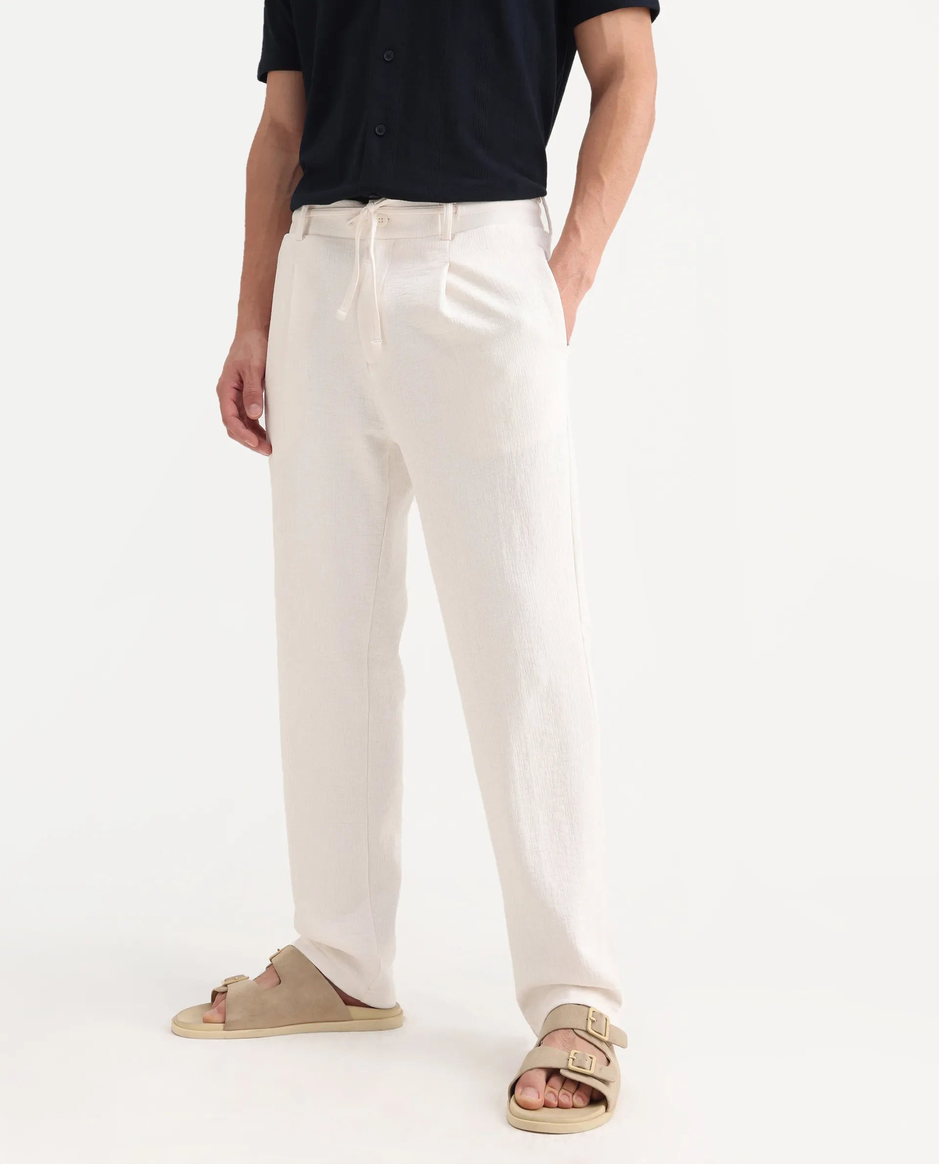 Rare Rabbit Men's Keloe Off White Cotton Blend Plain Relaxed Fit Trouser