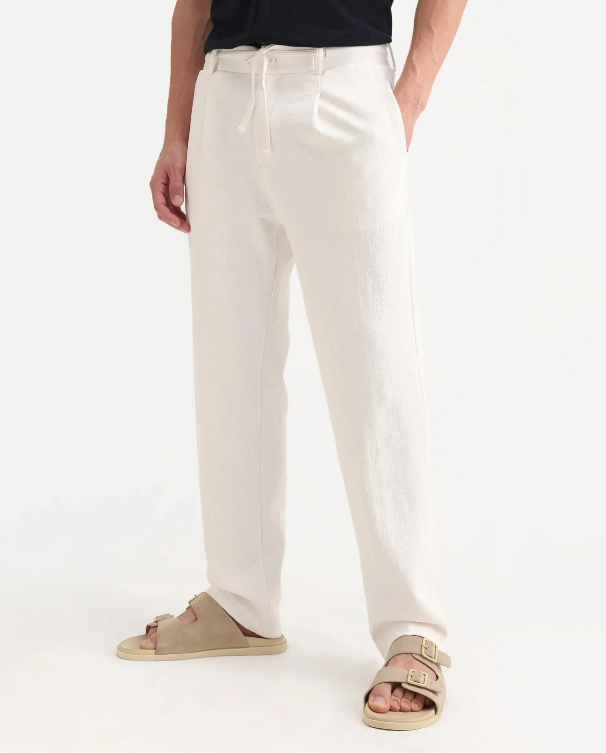 Rare Rabbit Men's Keloe Off White Cotton Blend Plain Relaxed Fit Trouser