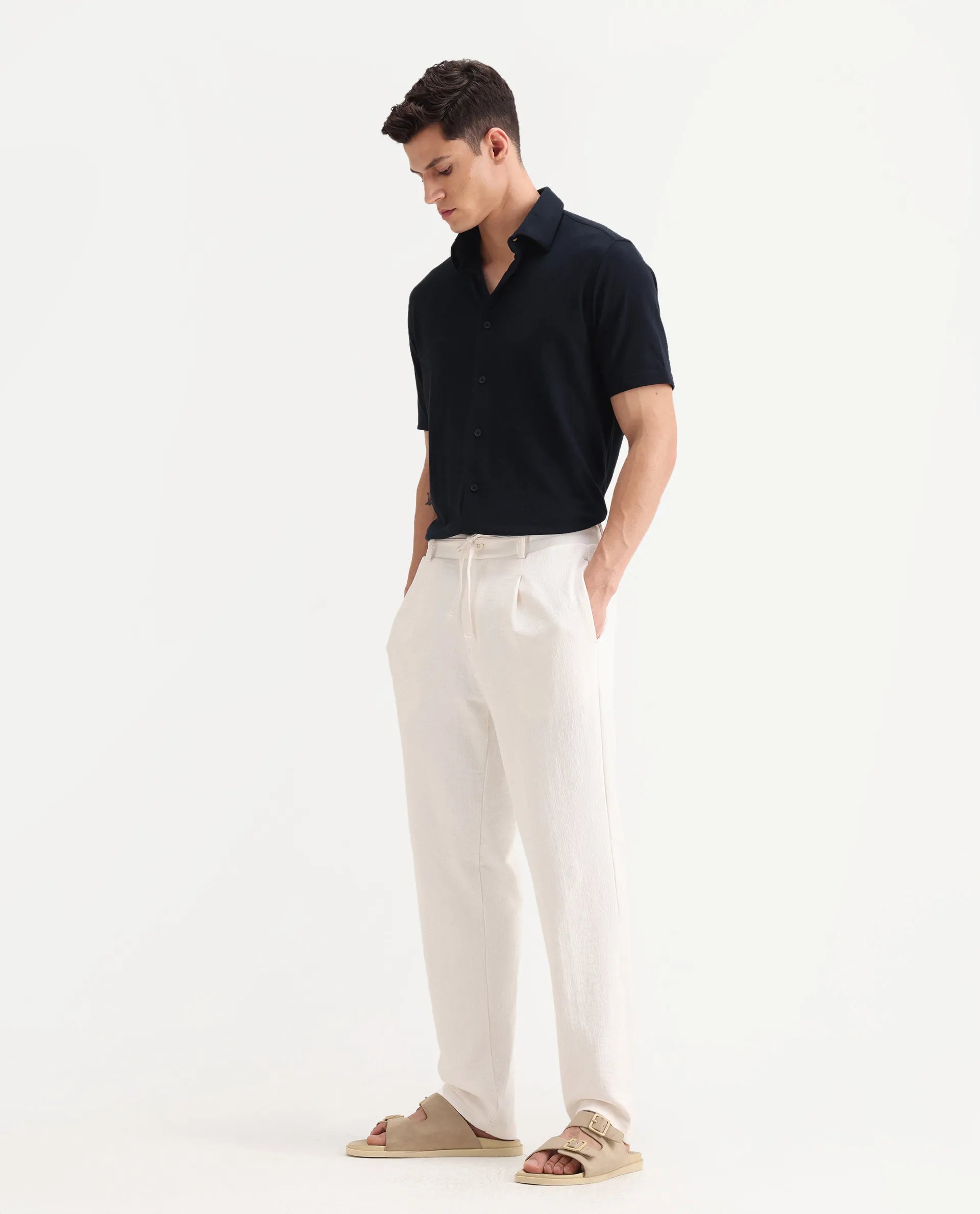 Rare Rabbit Men's Keloe Off White Cotton Blend Plain Relaxed Fit Trouser