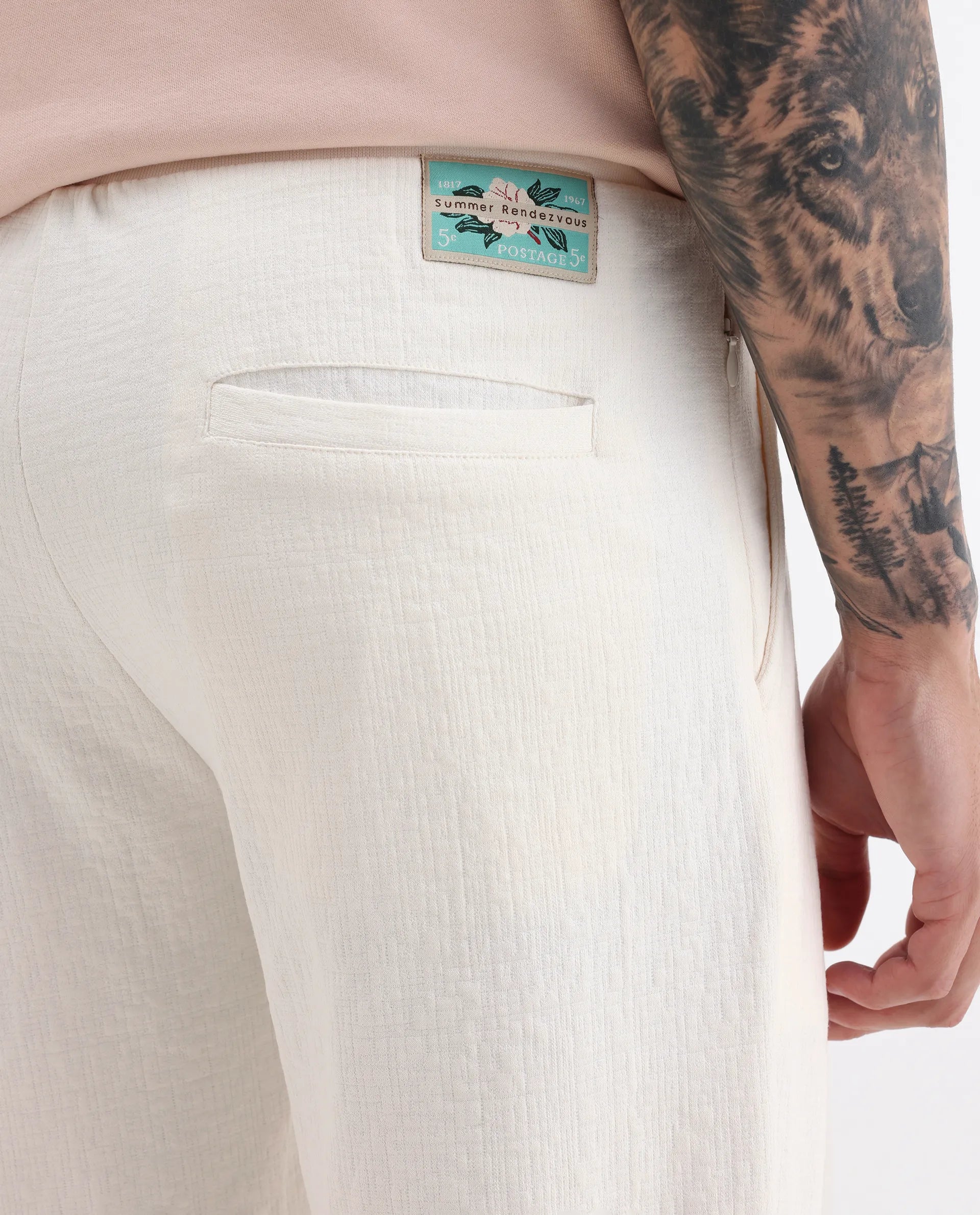 Rare Rabbit Men's Kelo Off White Cotton Blend Plain Regular Fit Trouser