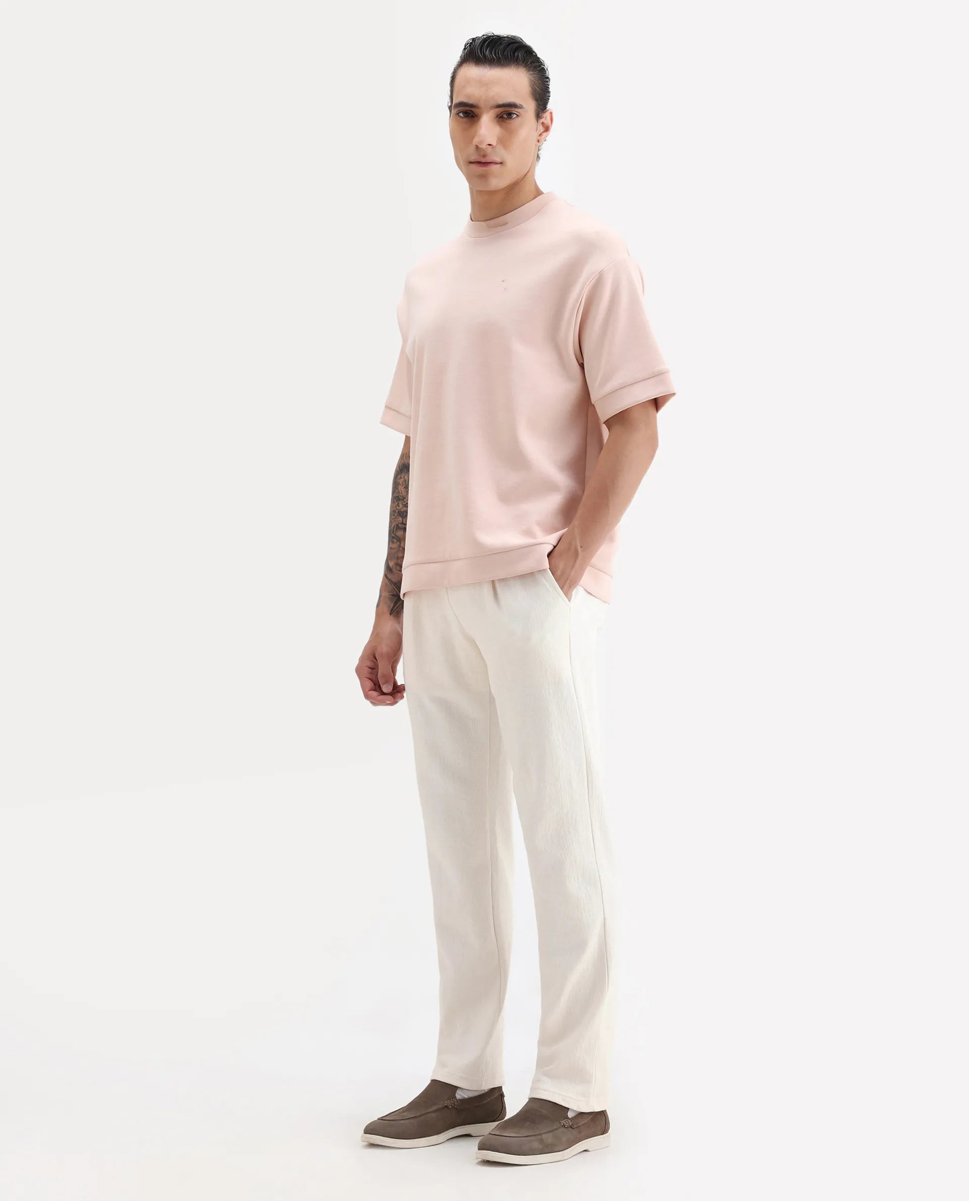 Rare Rabbit Men's Kelo Off White Cotton Blend Plain Regular Fit Trouser