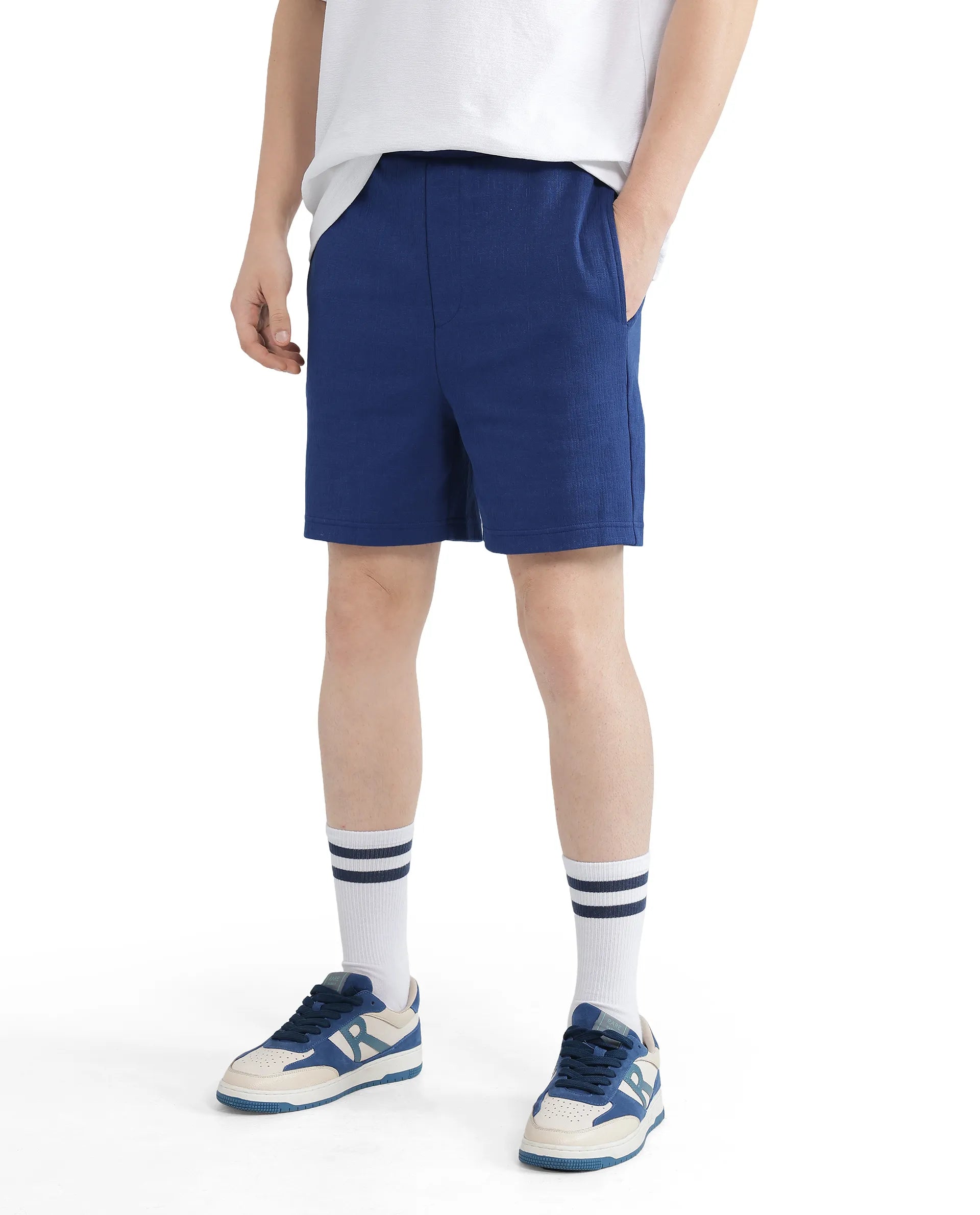 Rare Rabbit Men Kelor Blue Cotton Elastane Fabric Drawstring Closure Back Label Plain Shorts