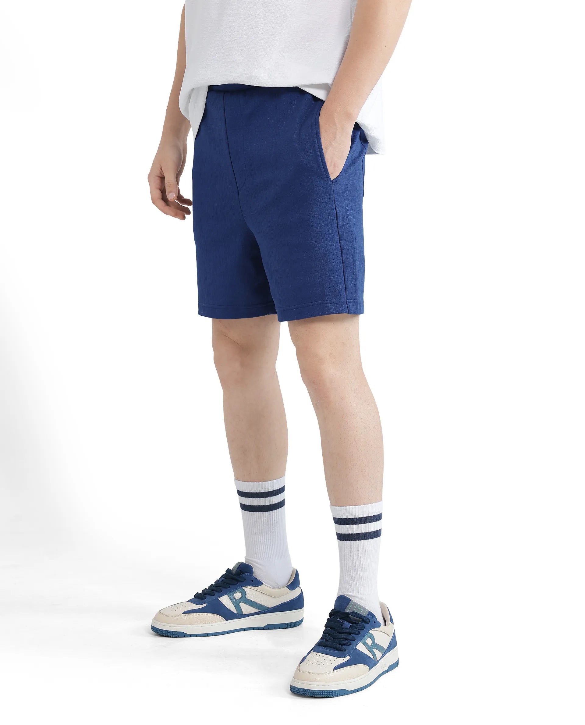 Rare Rabbit Men Kelor Blue Cotton Elastane Fabric Drawstring Closure Back Label Plain Shorts