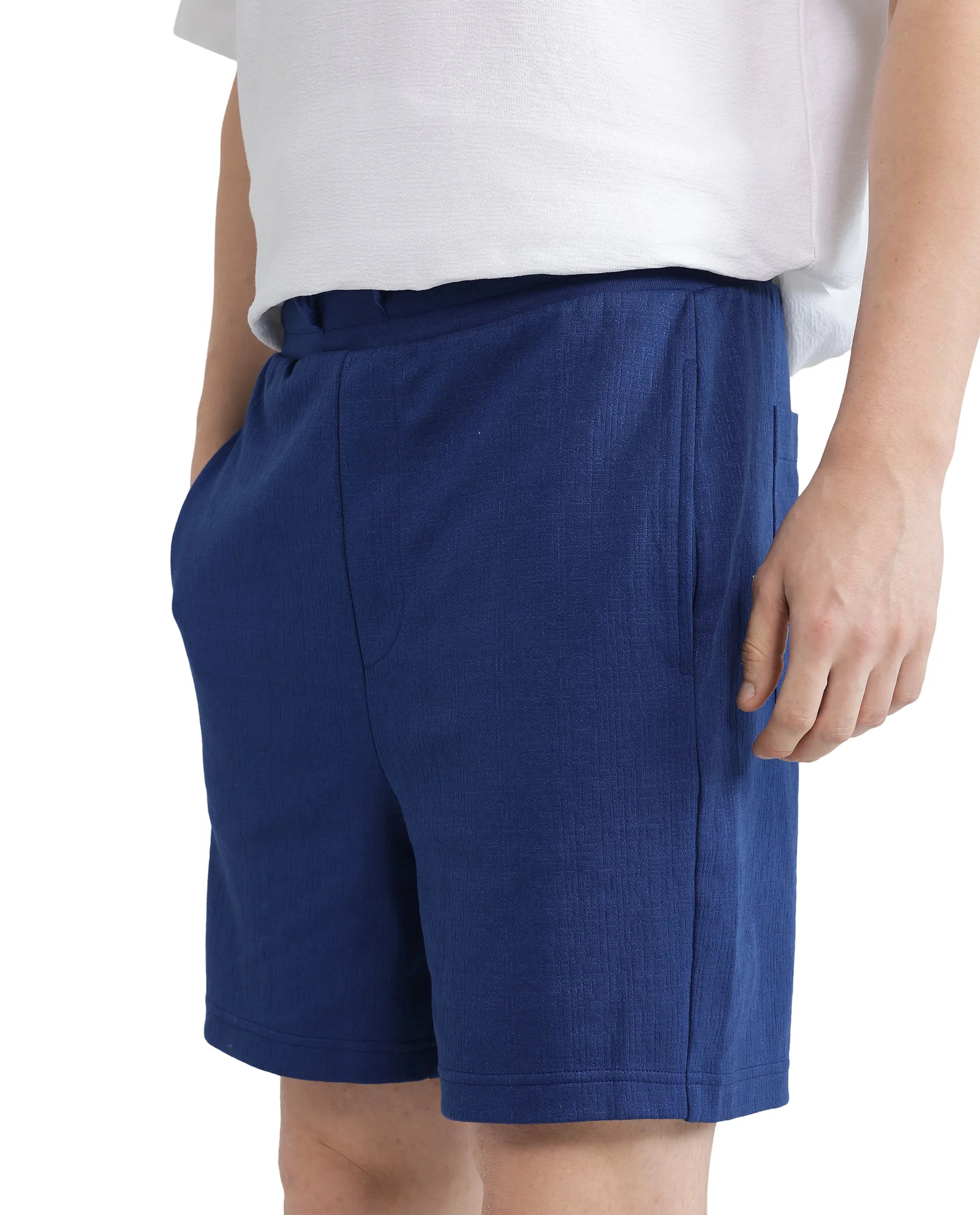 Rare Rabbit Men Kelor Blue Cotton Elastane Fabric Drawstring Closure Back Label Plain Shorts