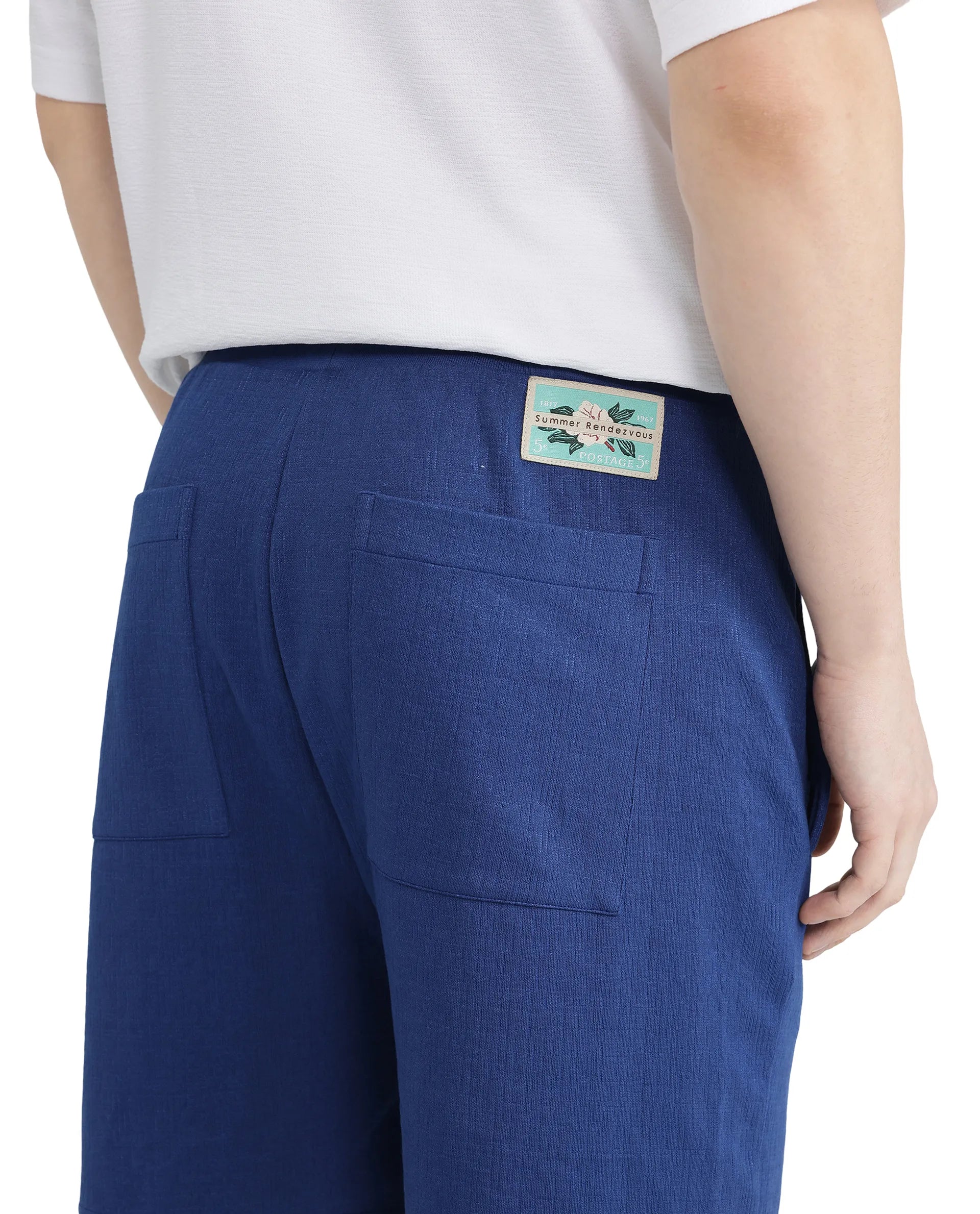 Rare Rabbit Men Kelor Blue Cotton Elastane Fabric Drawstring Closure Back Label Plain Shorts