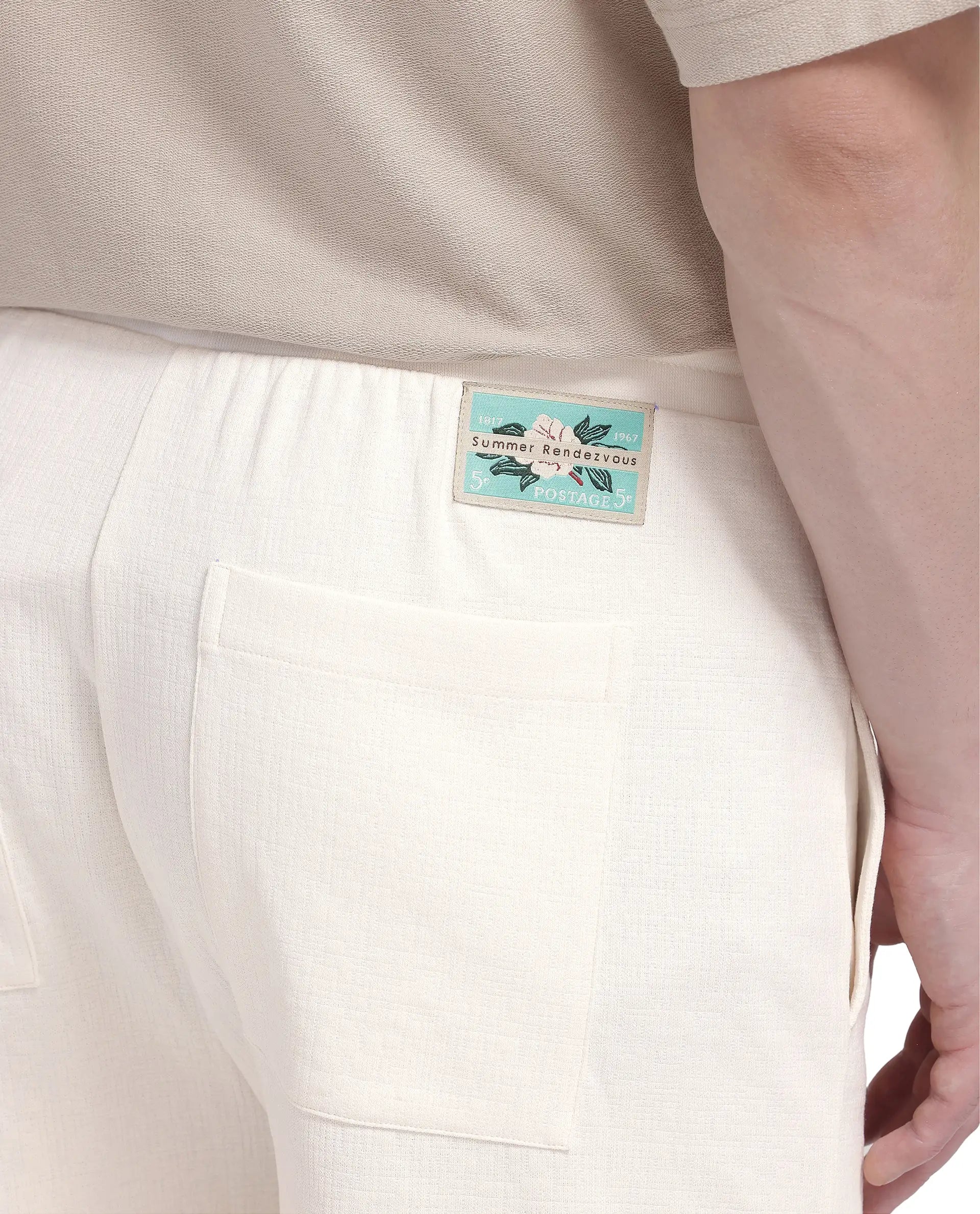 Rare Rabbit Men Kelor Off White Cotton Elastane Fabric Drawstring Closure Back Label Plain Shorts
