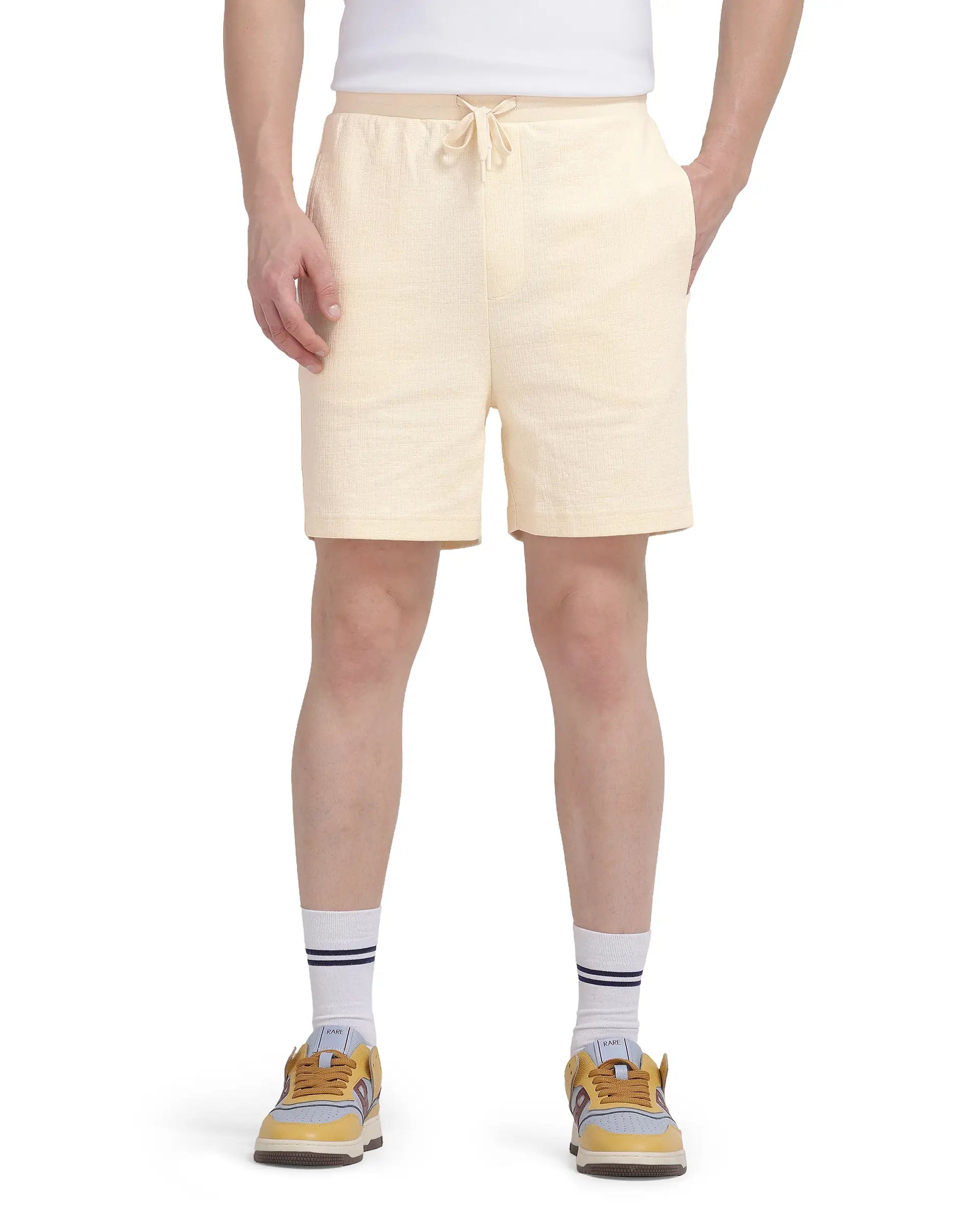 Rare Rabbit Men Kelor Pastel Yellow Cotton Elastane Fabric Drawstring Closure Back Label Plain Shorts