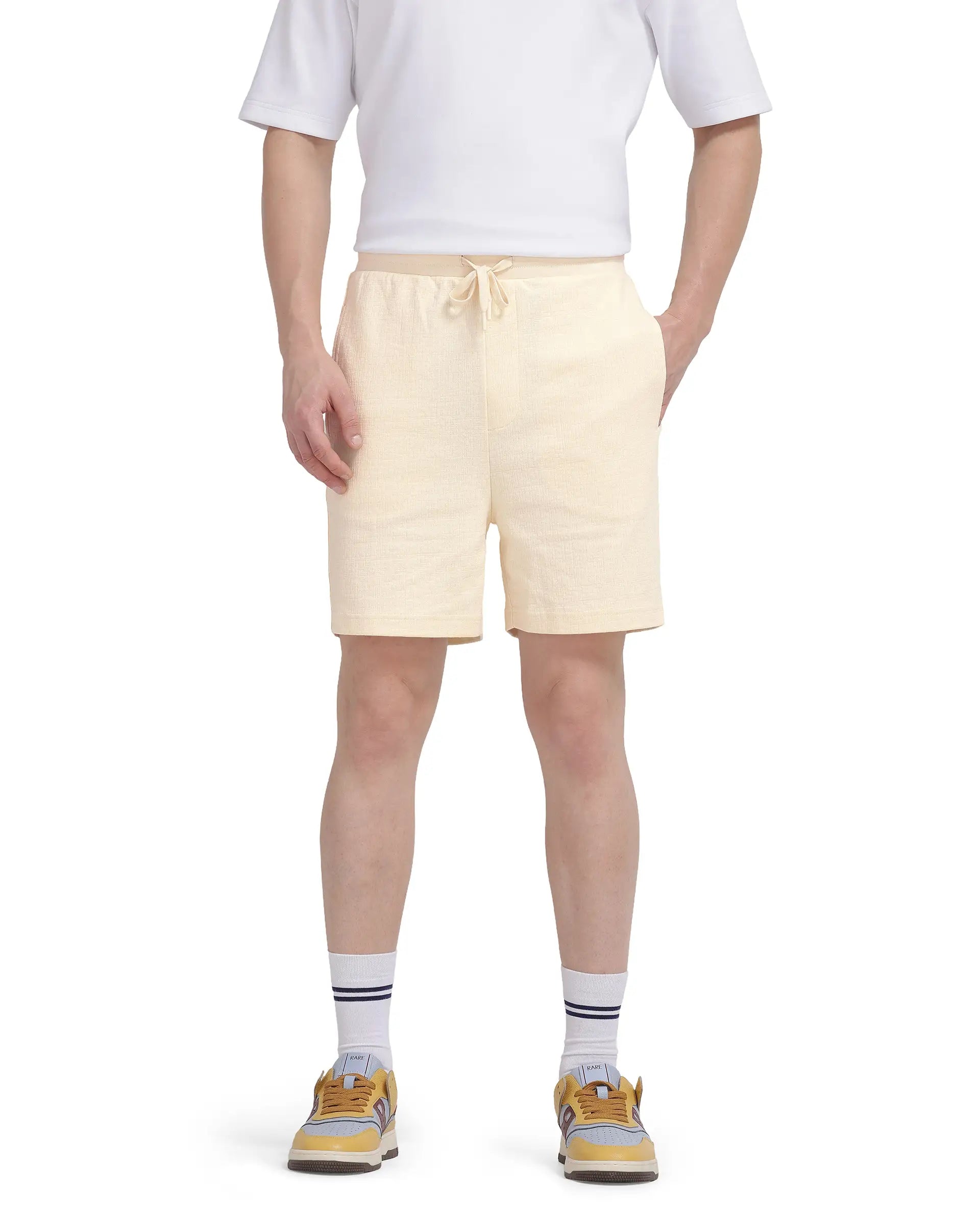 Rare Rabbit Men Kelor Pastel Yellow Cotton Elastane Fabric Drawstring Closure Back Label Plain Shorts