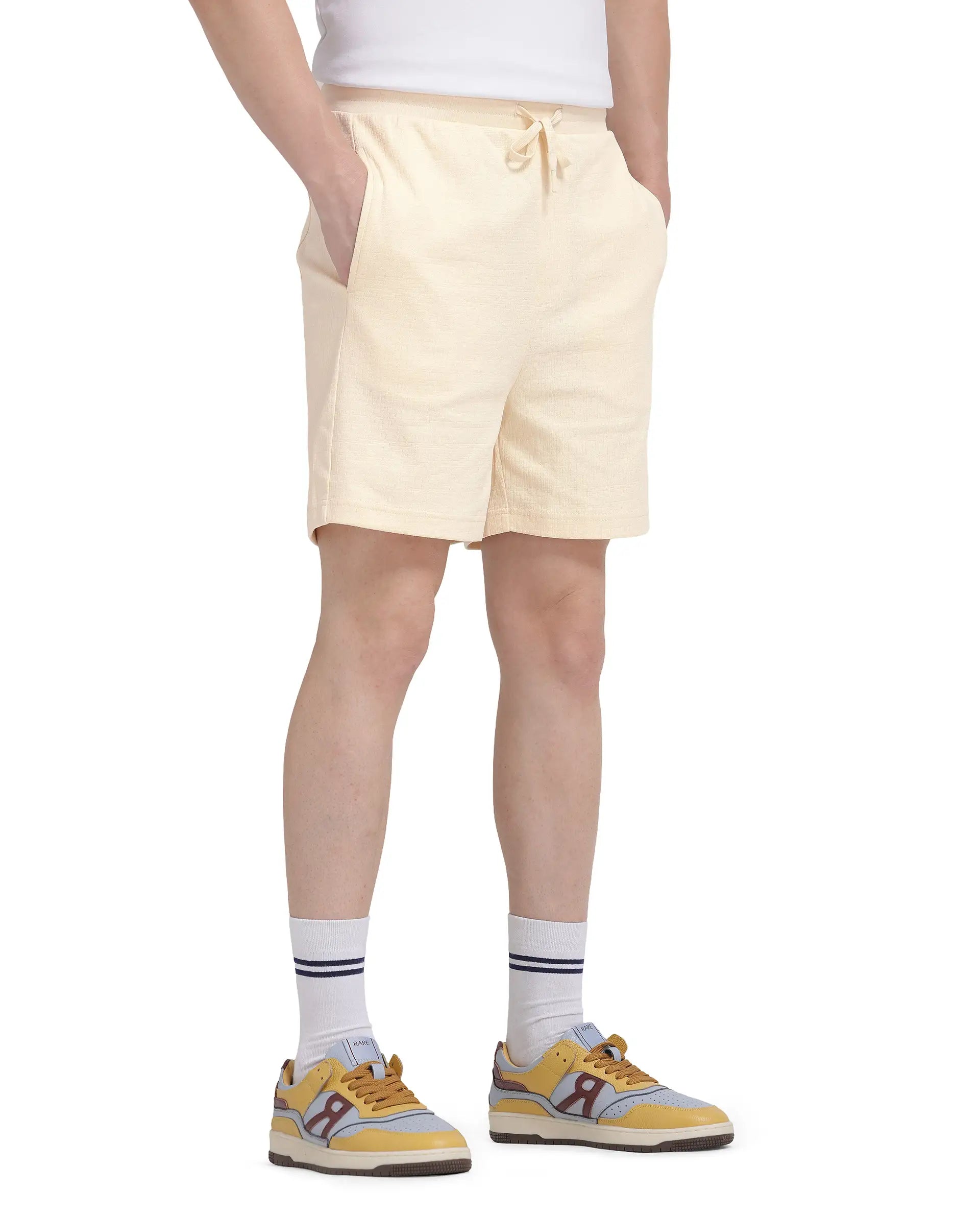 Rare Rabbit Men Kelor Pastel Yellow Cotton Elastane Fabric Drawstring Closure Back Label Plain Shorts