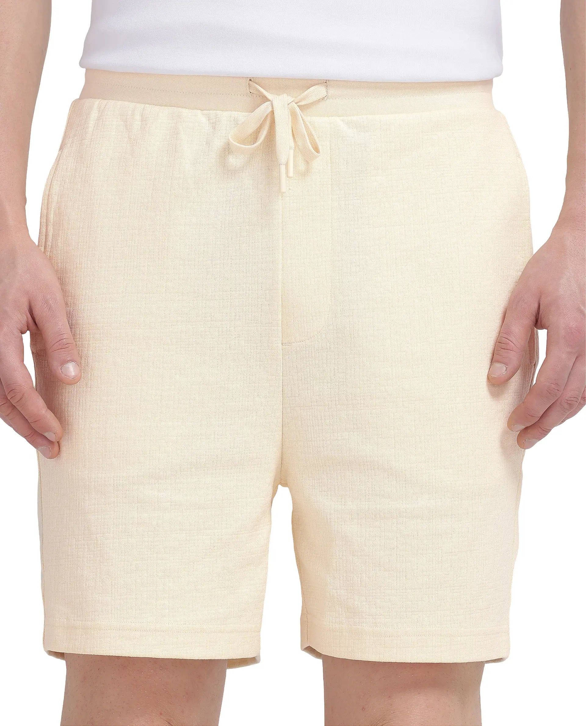 Rare Rabbit Men Kelor Pastel Yellow Cotton Elastane Fabric Drawstring Closure Back Label Plain Shorts