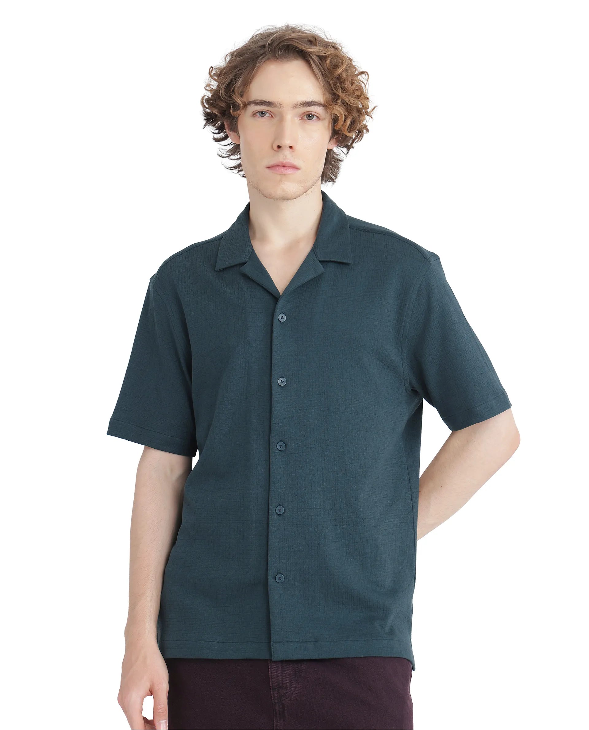 Rare Rabbit Men Kelos-Ss Dark Green Short Sleeve Collared Neck Plain Shirt