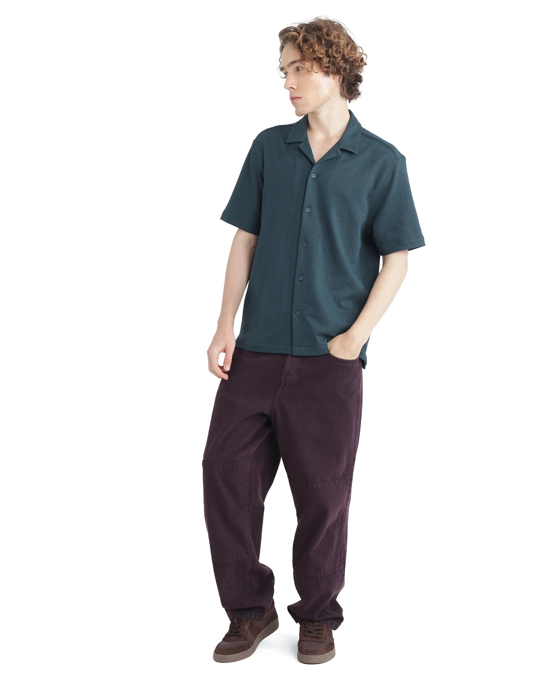 Rare Rabbit Men Kelos-Ss Dark Green Short Sleeve Collared Neck Plain Shirt