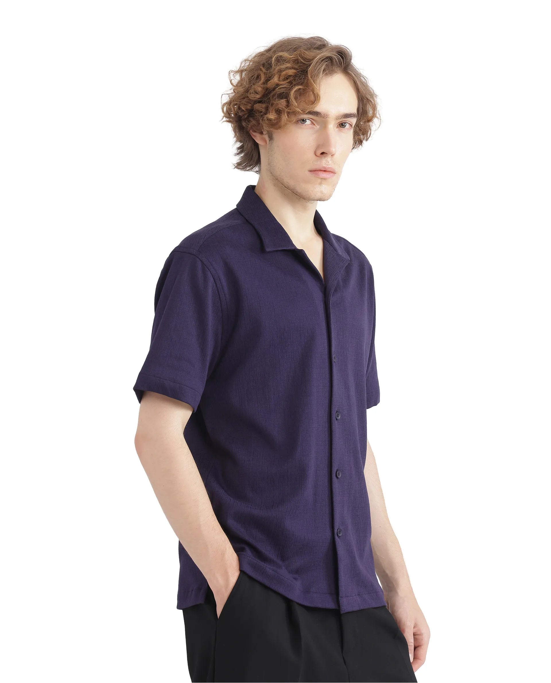 Rare Rabbit Men Kelos-Ss Dark Purple Short Sleeve Collared Neck Plain Shirt