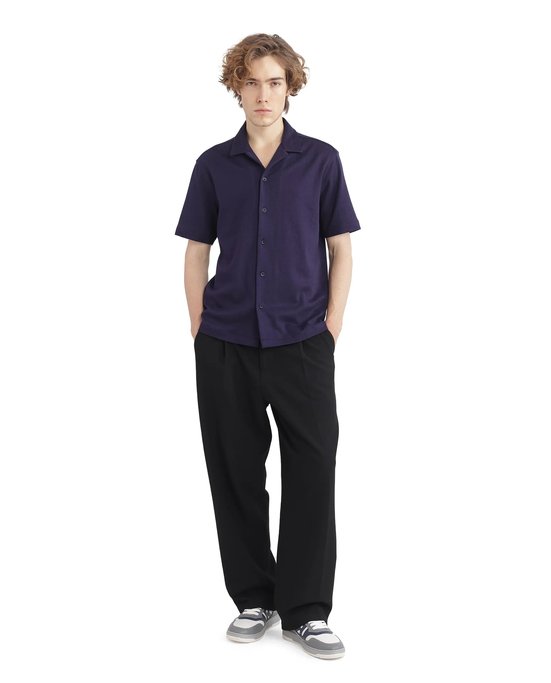 Rare Rabbit Men Kelos-Ss Dark Purple Short Sleeve Collared Neck Plain Shirt