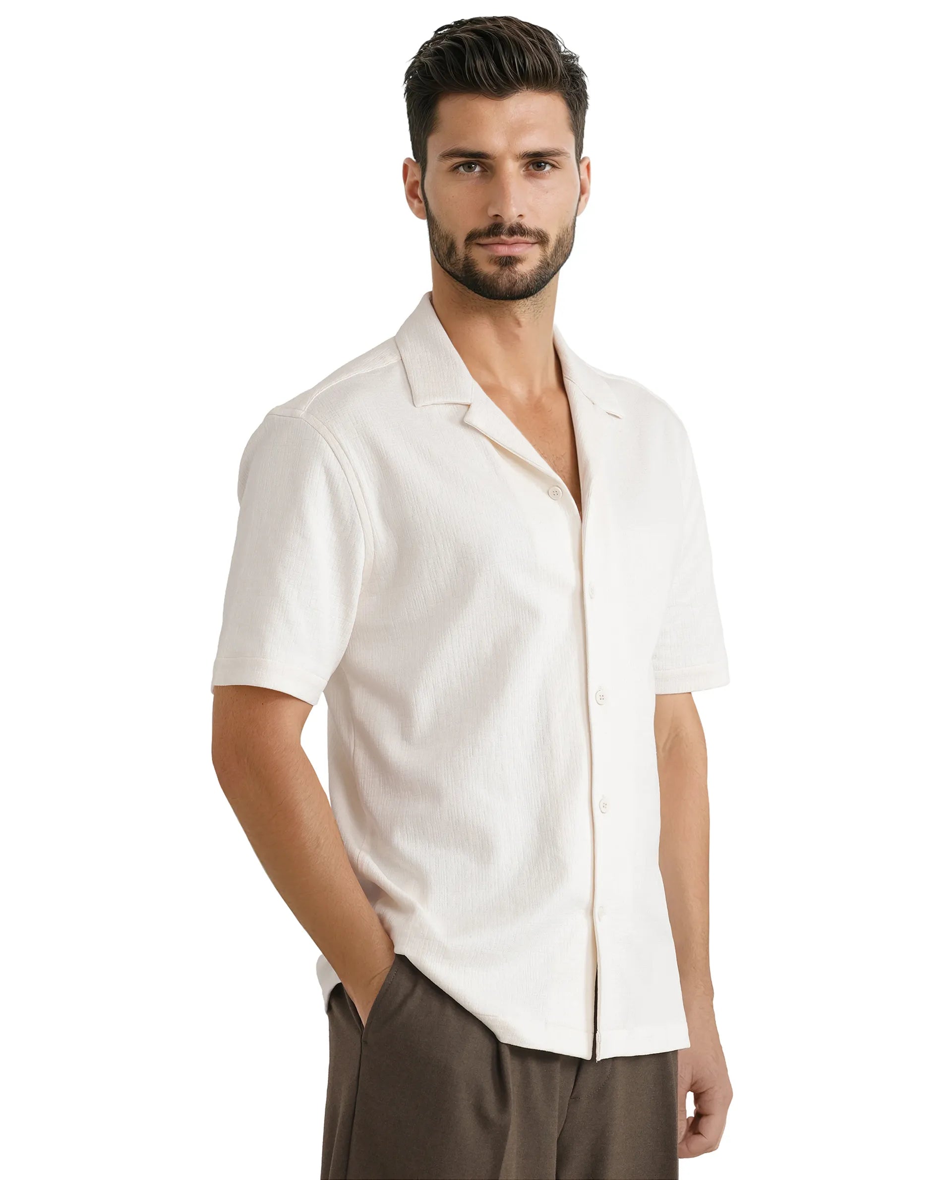 Rare Rabbit Men Kelos-Ss Off-White Short Sleeve Cuban Collared Plain Shirt