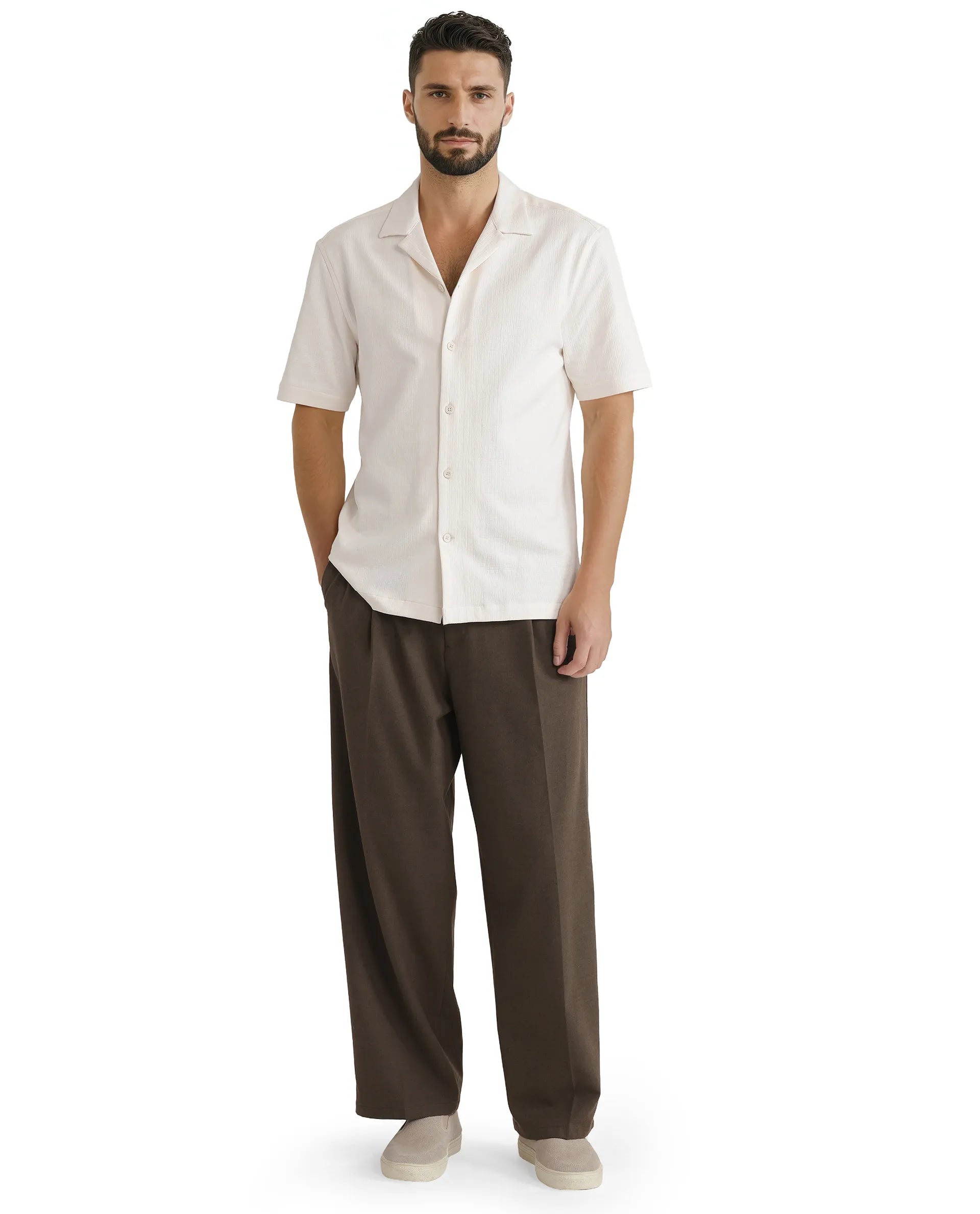 Rare Rabbit Men Kelos-Ss Off-White Short Sleeve Cuban Collared Plain Shirt