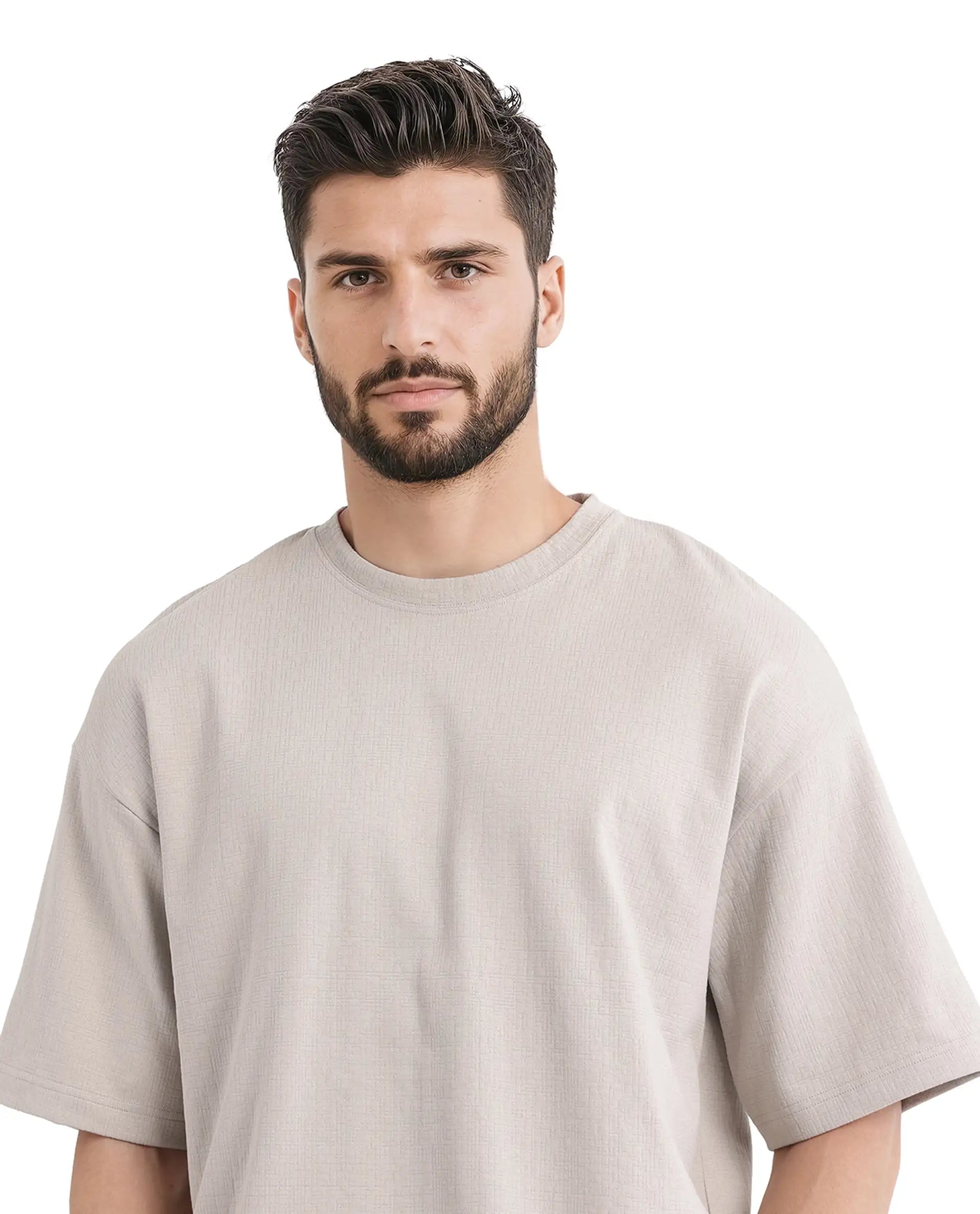 Rare Rabbit Men Kelos Light Grey Cotton Poly Fabric Short Sleeve Crew Neck Oversized Fit Cut and Sew T-Shirt