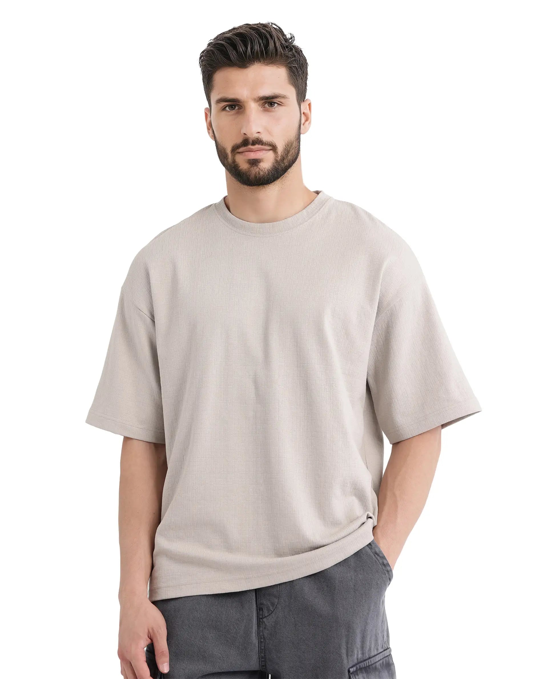 Rare Rabbit Men Kelos Light Grey Cotton Poly Fabric Short Sleeve Crew Neck Oversized Fit Cut and Sew T-Shirt