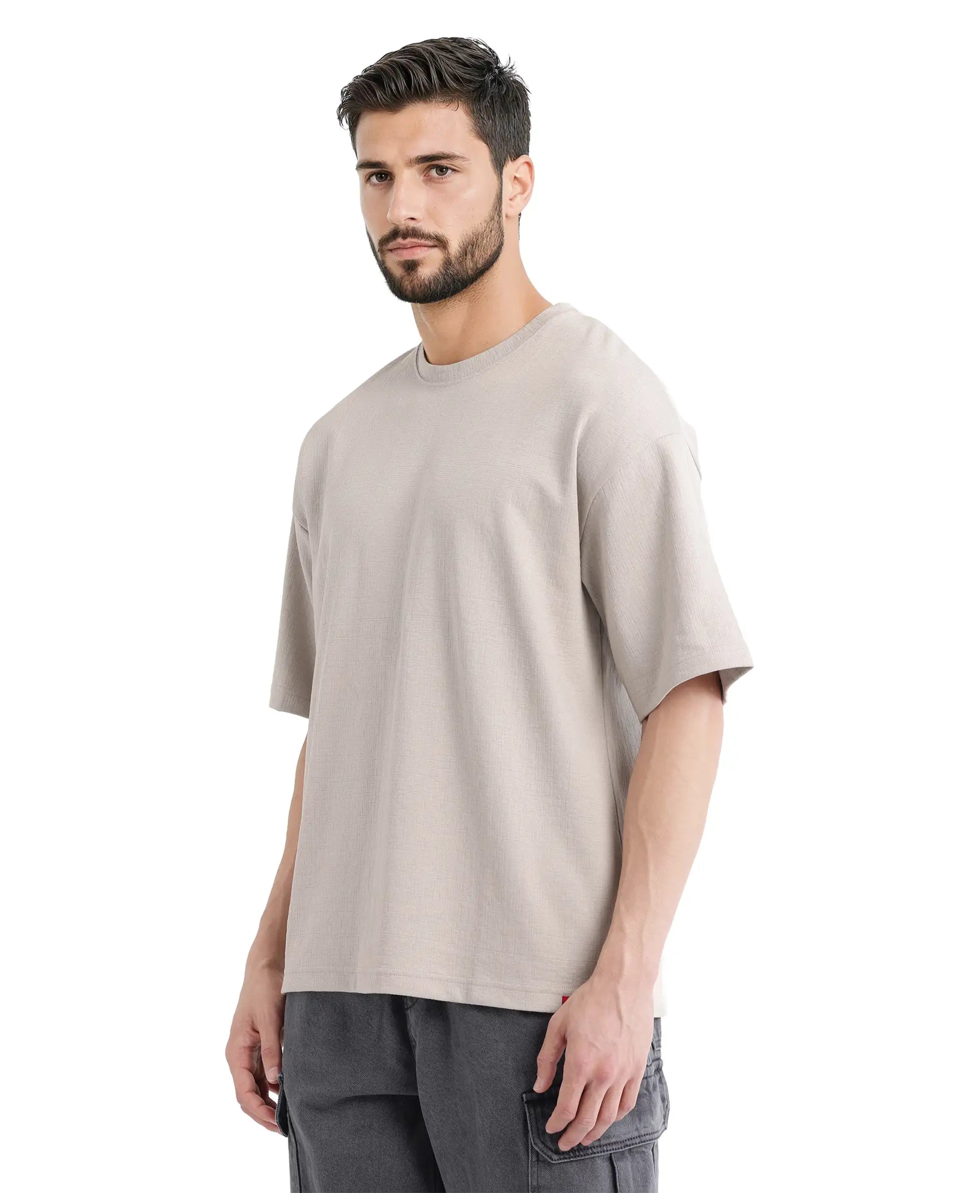 Rare Rabbit Men Kelos Light Grey Cotton Poly Fabric Short Sleeve Crew Neck Oversized Fit Cut and Sew T-Shirt