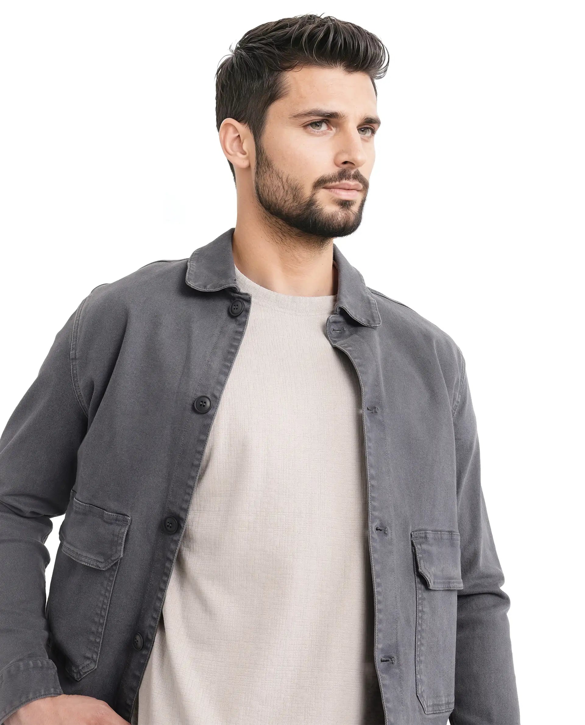 Rare Rabbit Men Kelos Light Grey Cotton Poly Fabric Short Sleeve Crew Neck Oversized Fit Cut and Sew T-Shirt