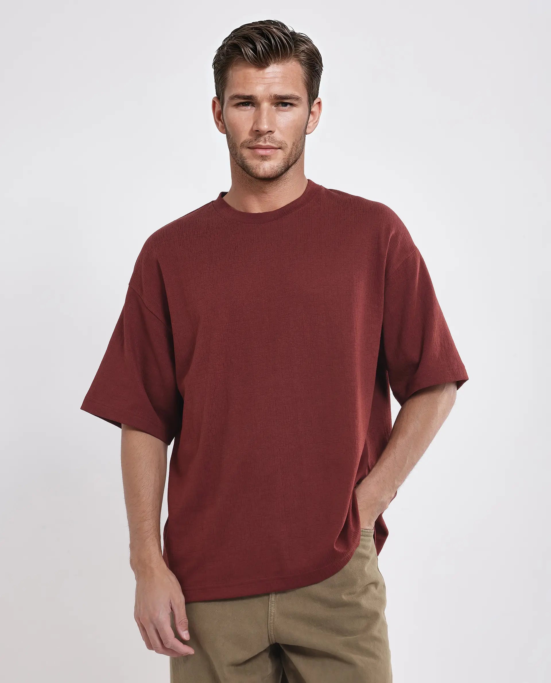 Rare Rabbit Men Kelos Rust Cotton Poly Fabric Short Sleeve Crew Neck Oversized Fit Textured T-Shirt