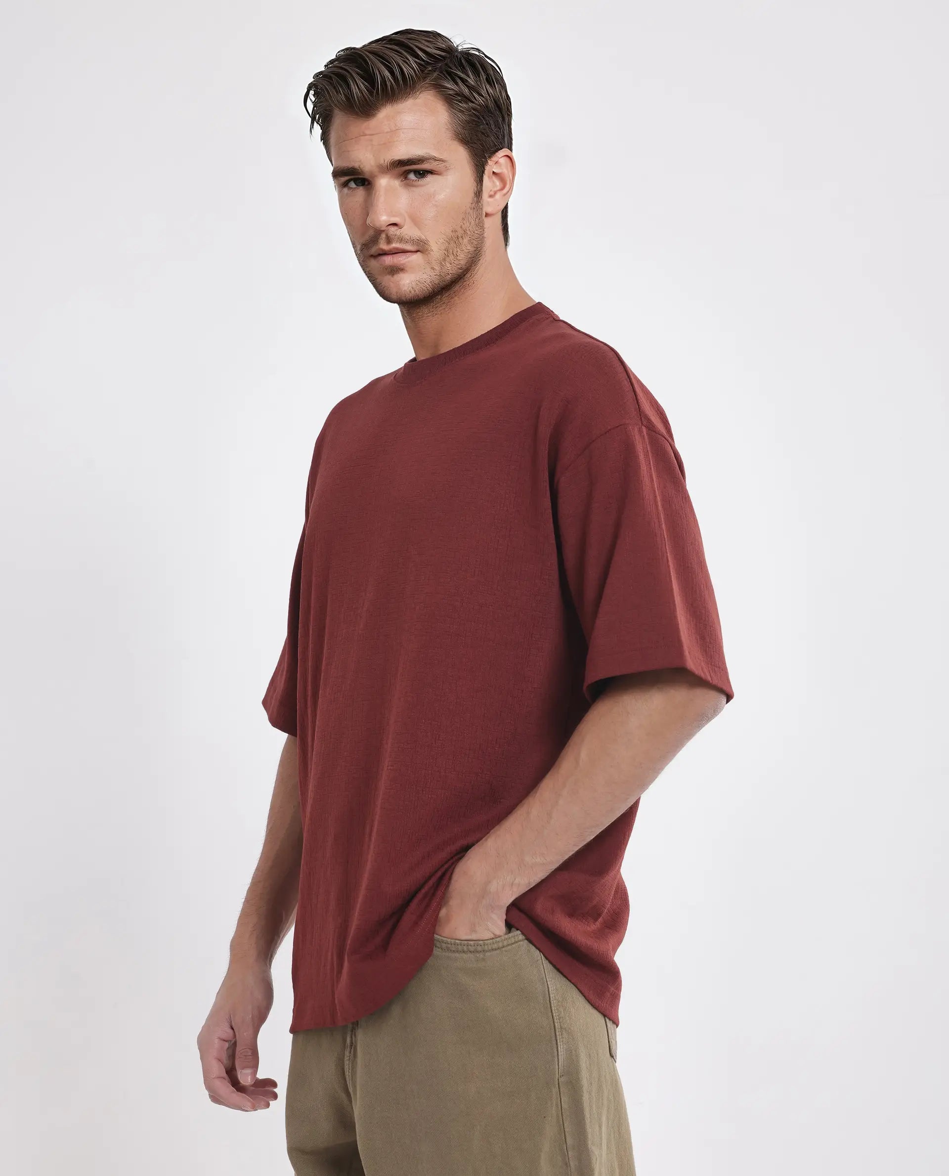 Rare Rabbit Men Kelos Rust Cotton Poly Fabric Short Sleeve Crew Neck Oversized Fit Textured T-Shirt