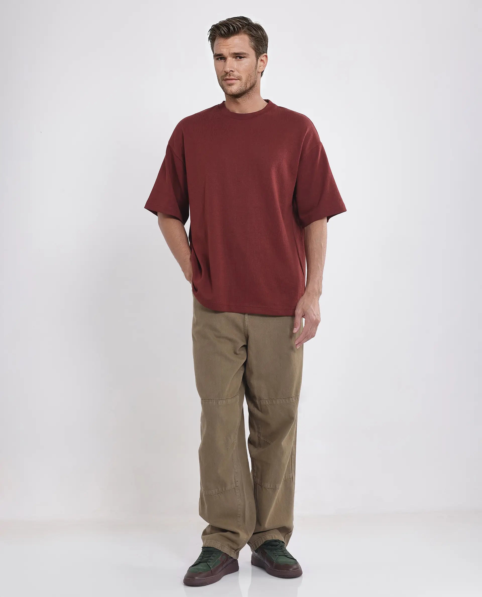 Rare Rabbit Men Kelos Rust Cotton Poly Fabric Short Sleeve Crew Neck Oversized Fit Textured T-Shirt