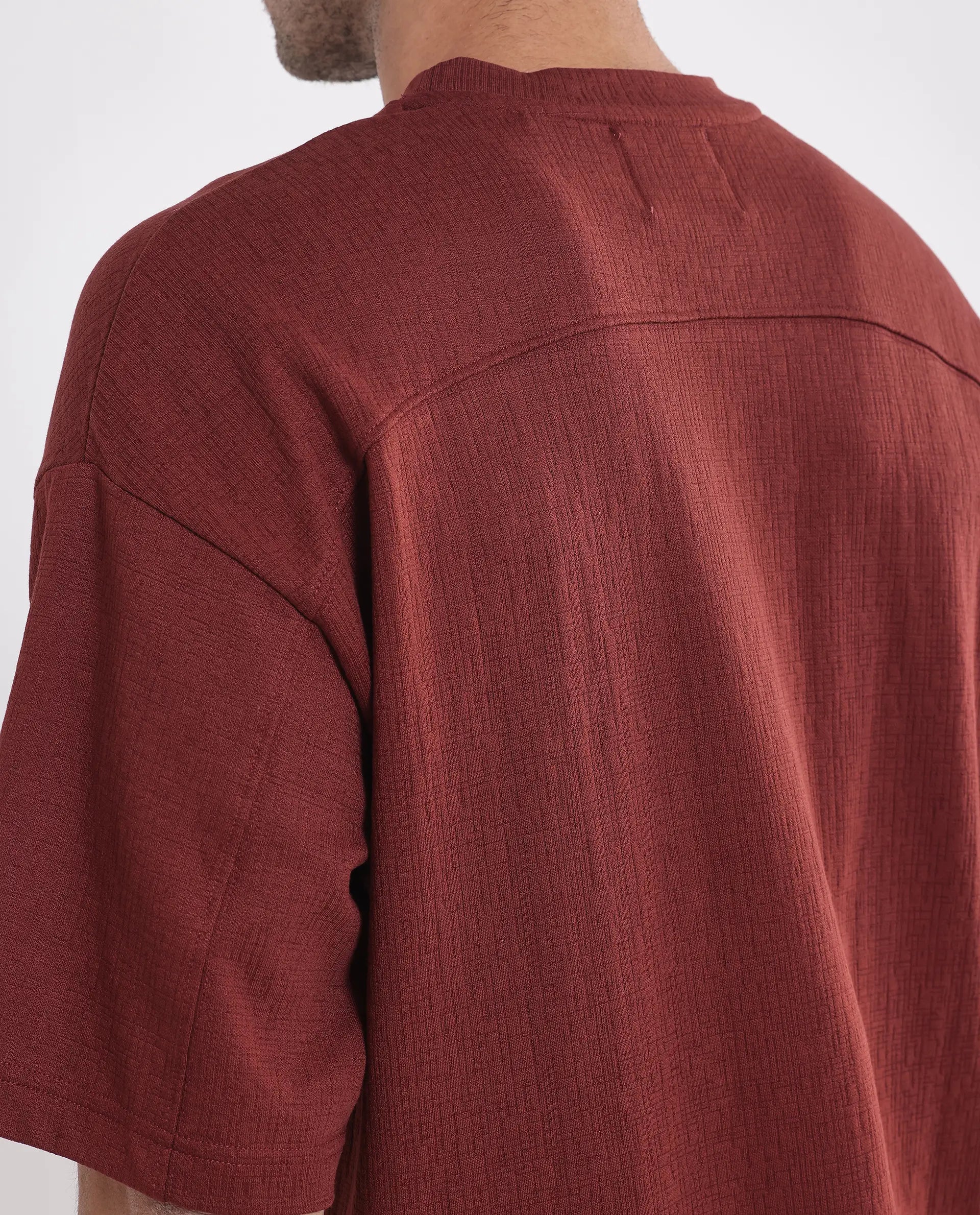 Rare Rabbit Men Kelos Rust Cotton Poly Fabric Short Sleeve Crew Neck Oversized Fit Textured T-Shirt