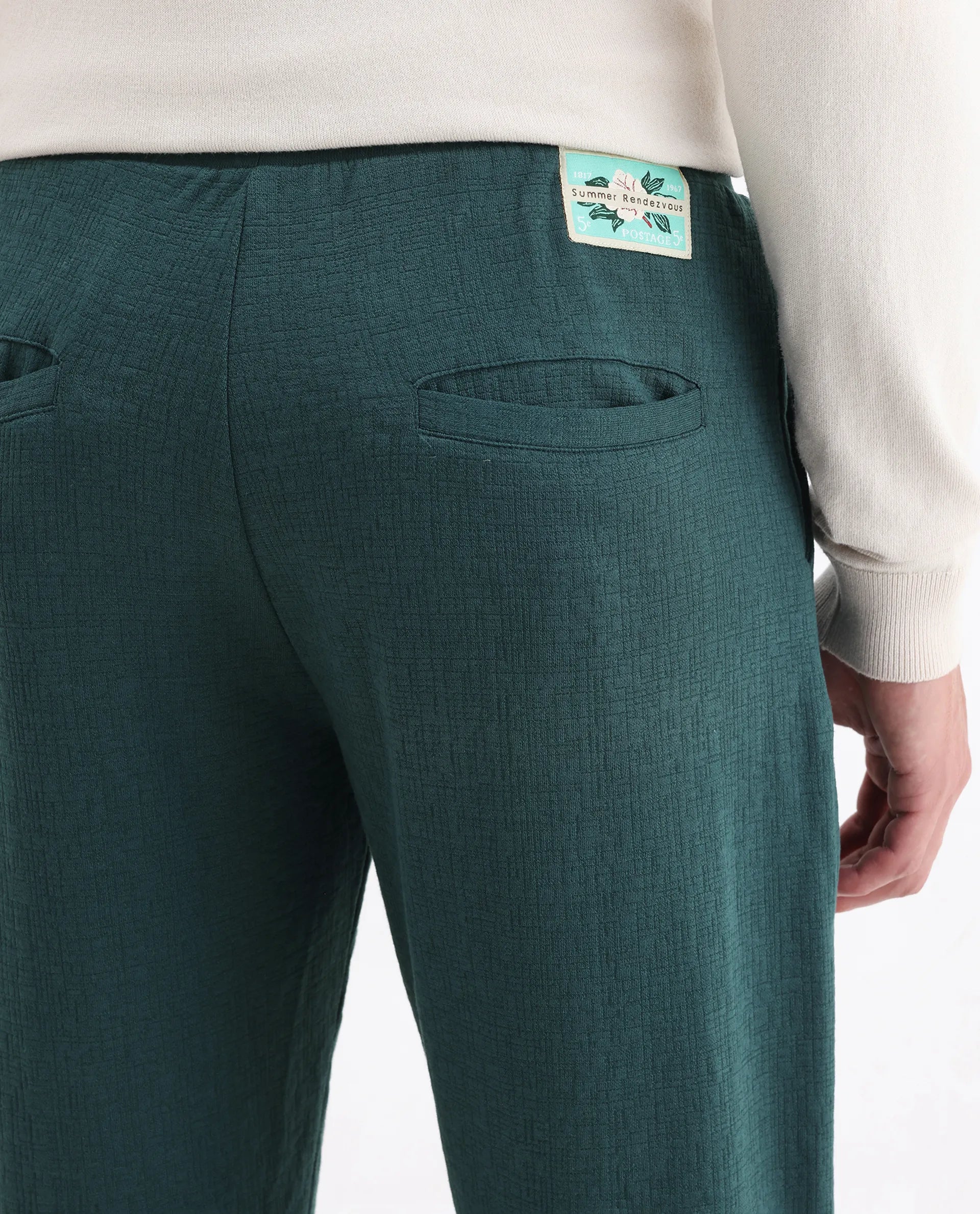 Rare Rabbit Men's Kelo Teal Cotton Blend Plain Regular Fit Trouser