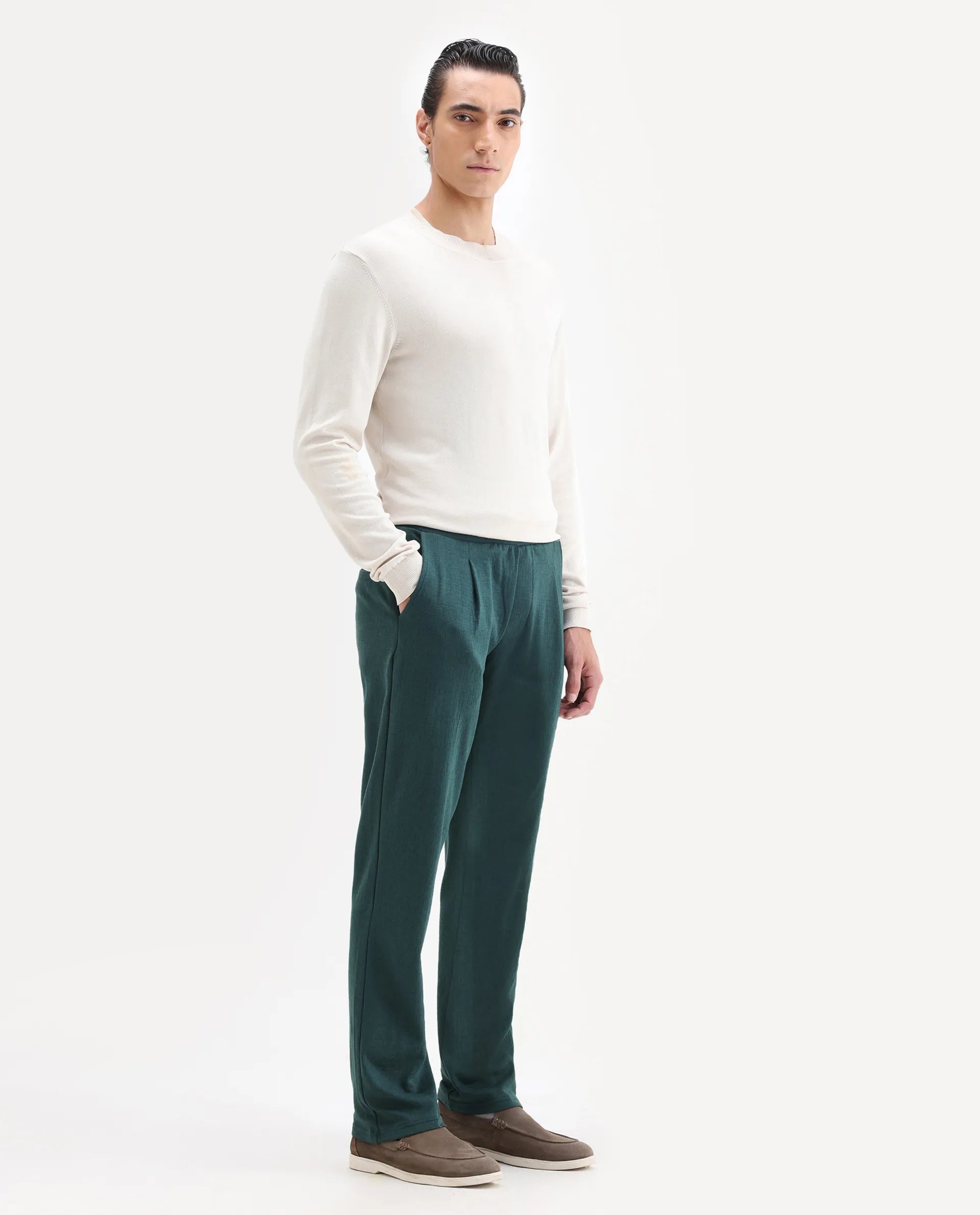 Rare Rabbit Men's Kelo Teal Cotton Blend Plain Regular Fit Trouser