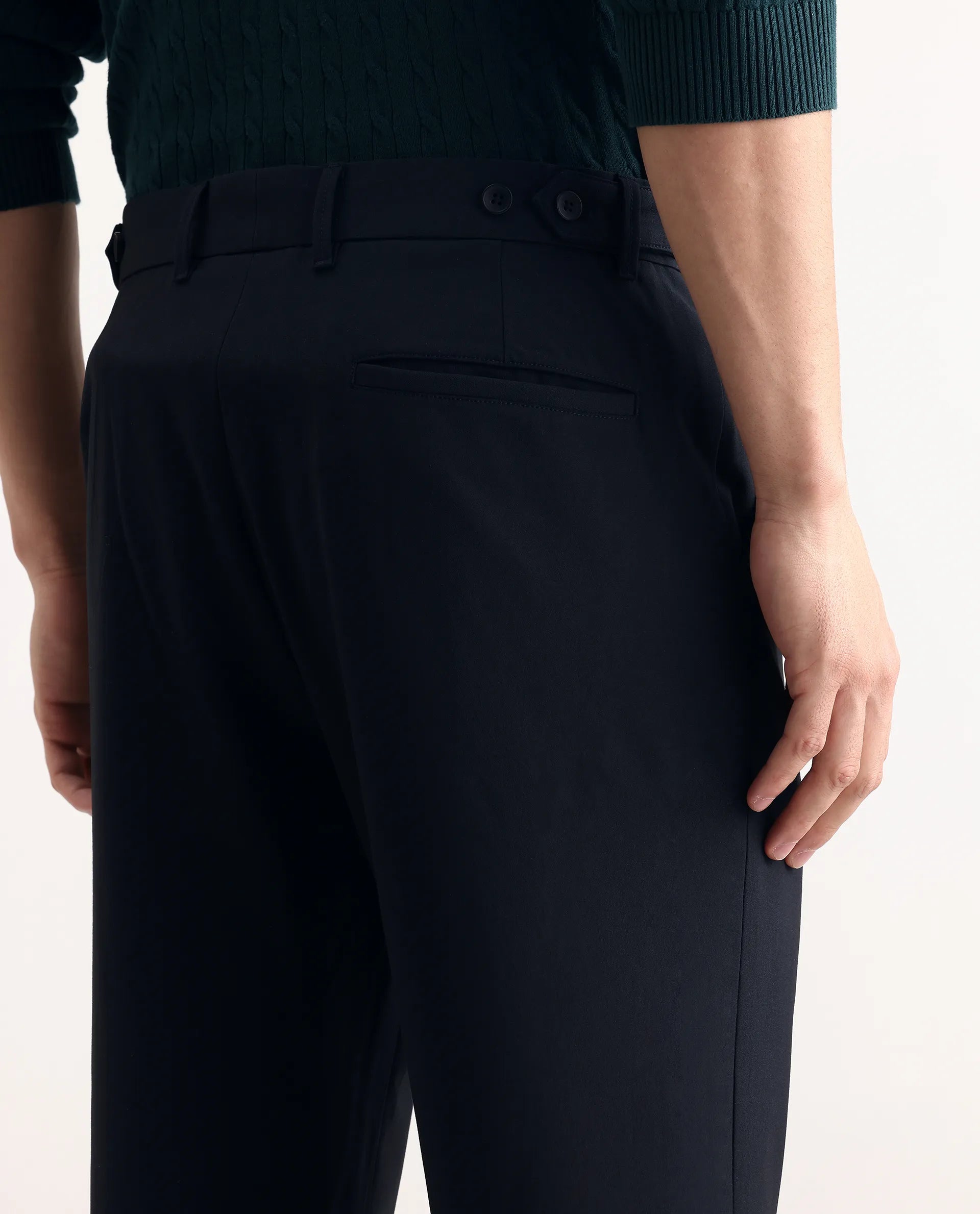 Rare Rabbit Men Kenal Navy Polyester Blend Fabric Button Closure Plain Trouser