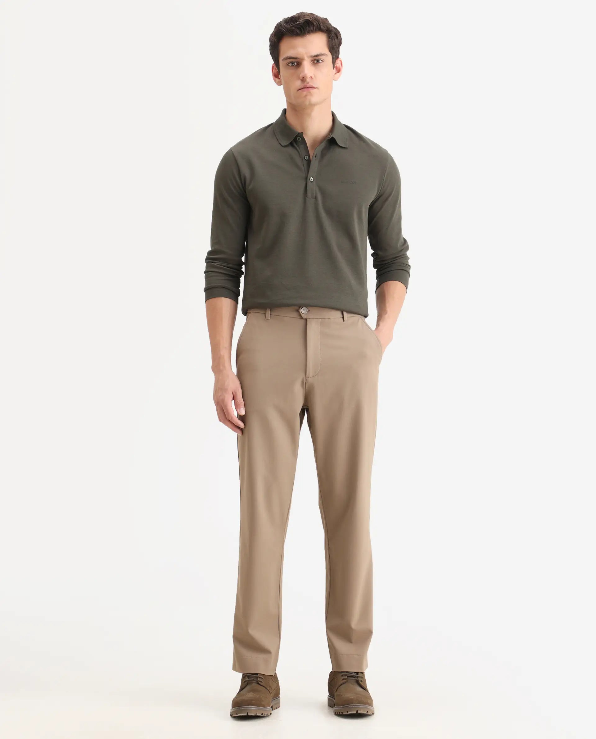 Rare Rabbit Men Kenal Beige Polyester Blend Fabric Button Closure Plain Trouser