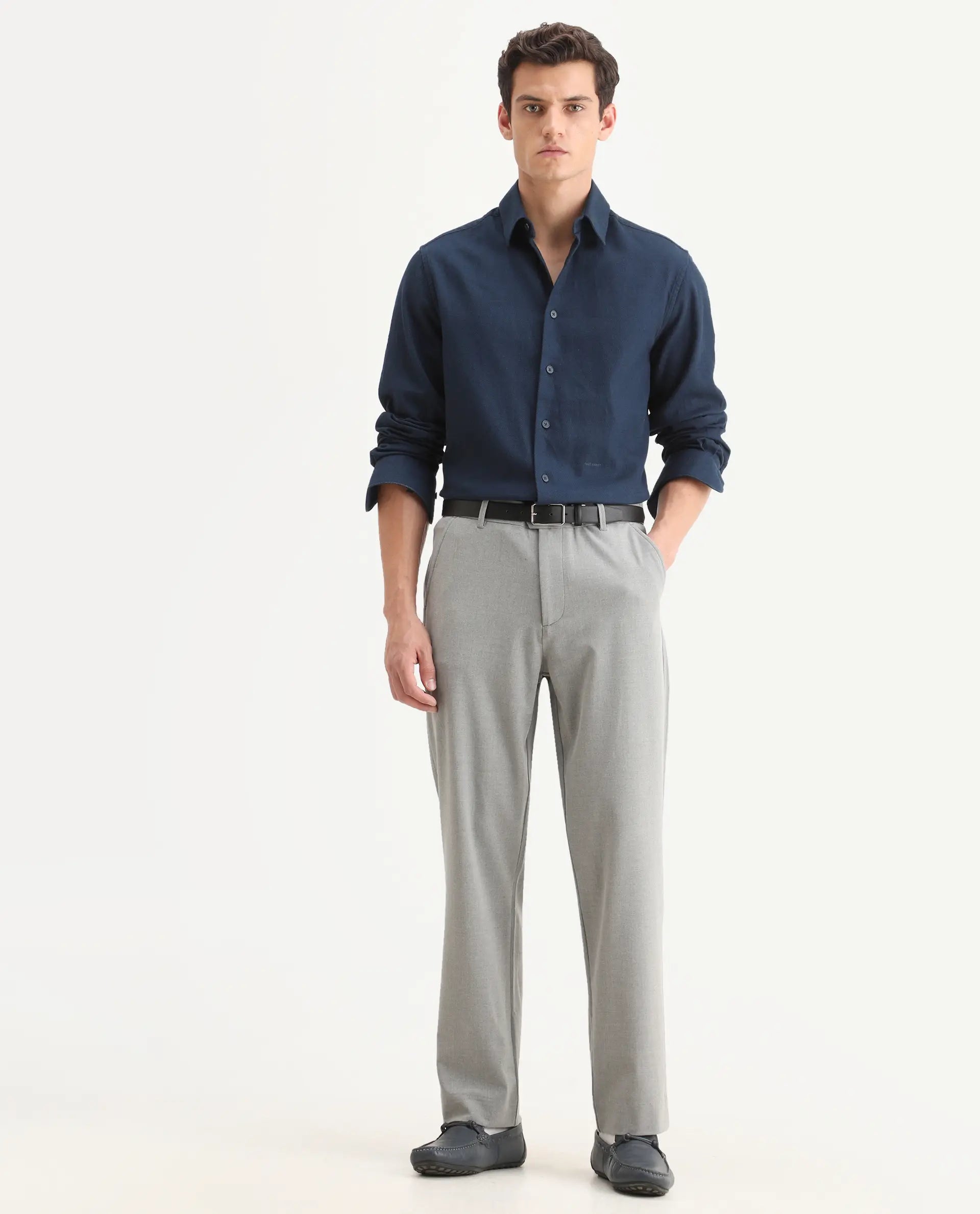 Rare Rabbit Men Kenal Dark Grey Polyester Blend Fabric Button Closure Plain Trouser