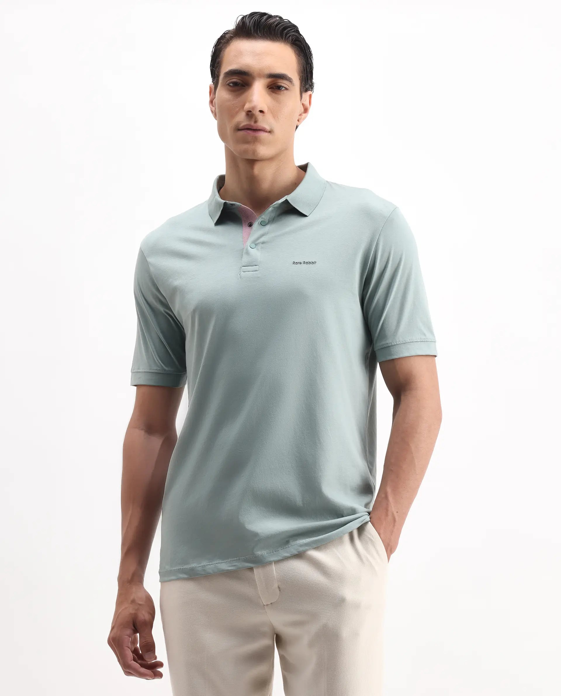 Rare Rabbit Men's Keneth-1 Light Teal Cotton Plain Regular Fit Half Sleeve Polo