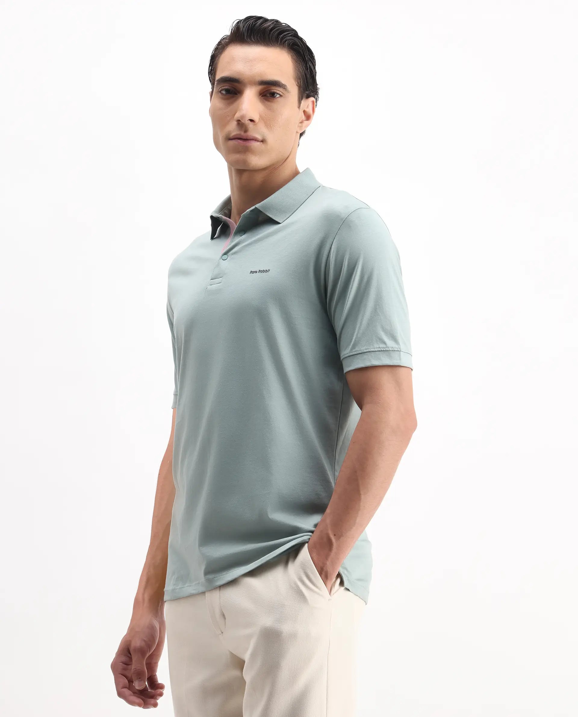 Rare Rabbit Men's Keneth-1 Light Teal Cotton Plain Regular Fit Half Sleeve Polo