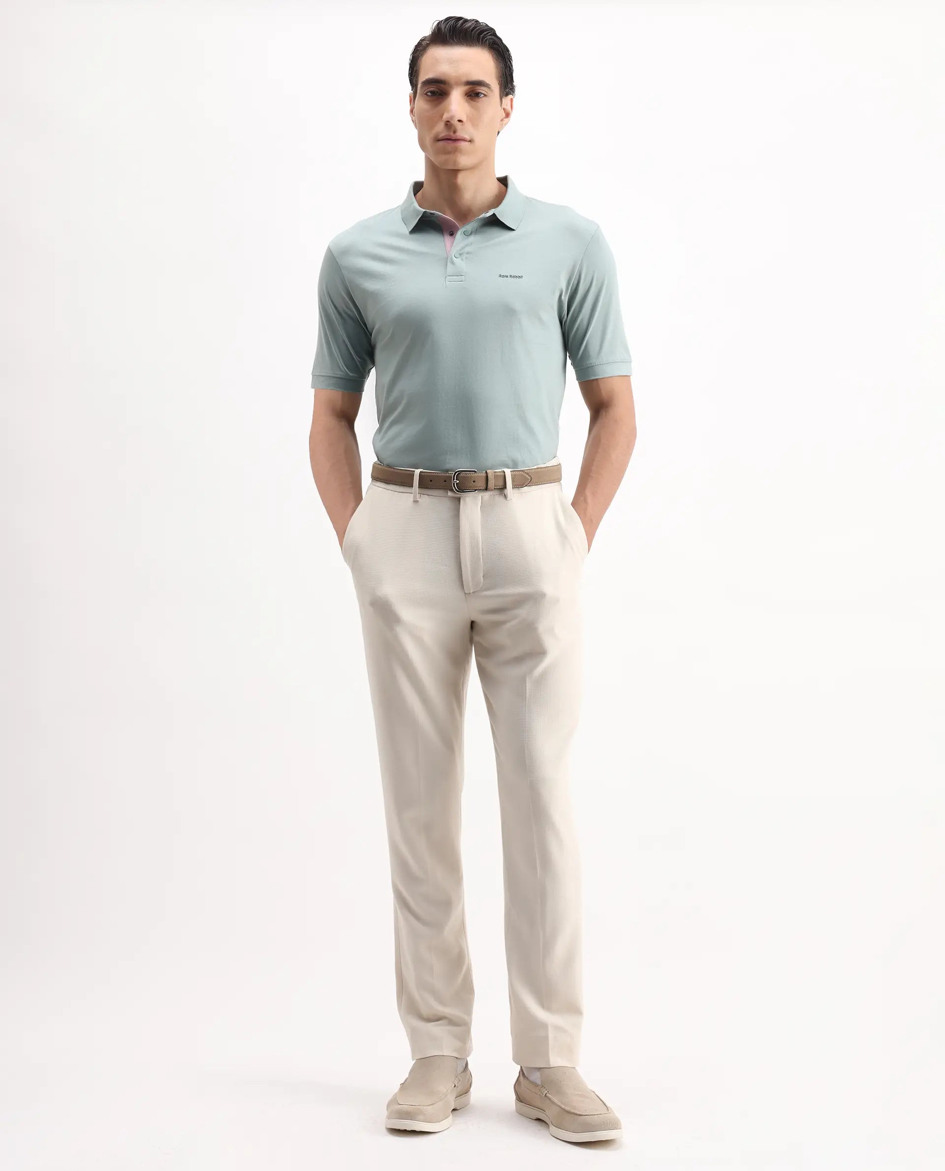 Rare Rabbit Men's Keneth-1 Light Teal Cotton Plain Regular Fit Half Sleeve Polo