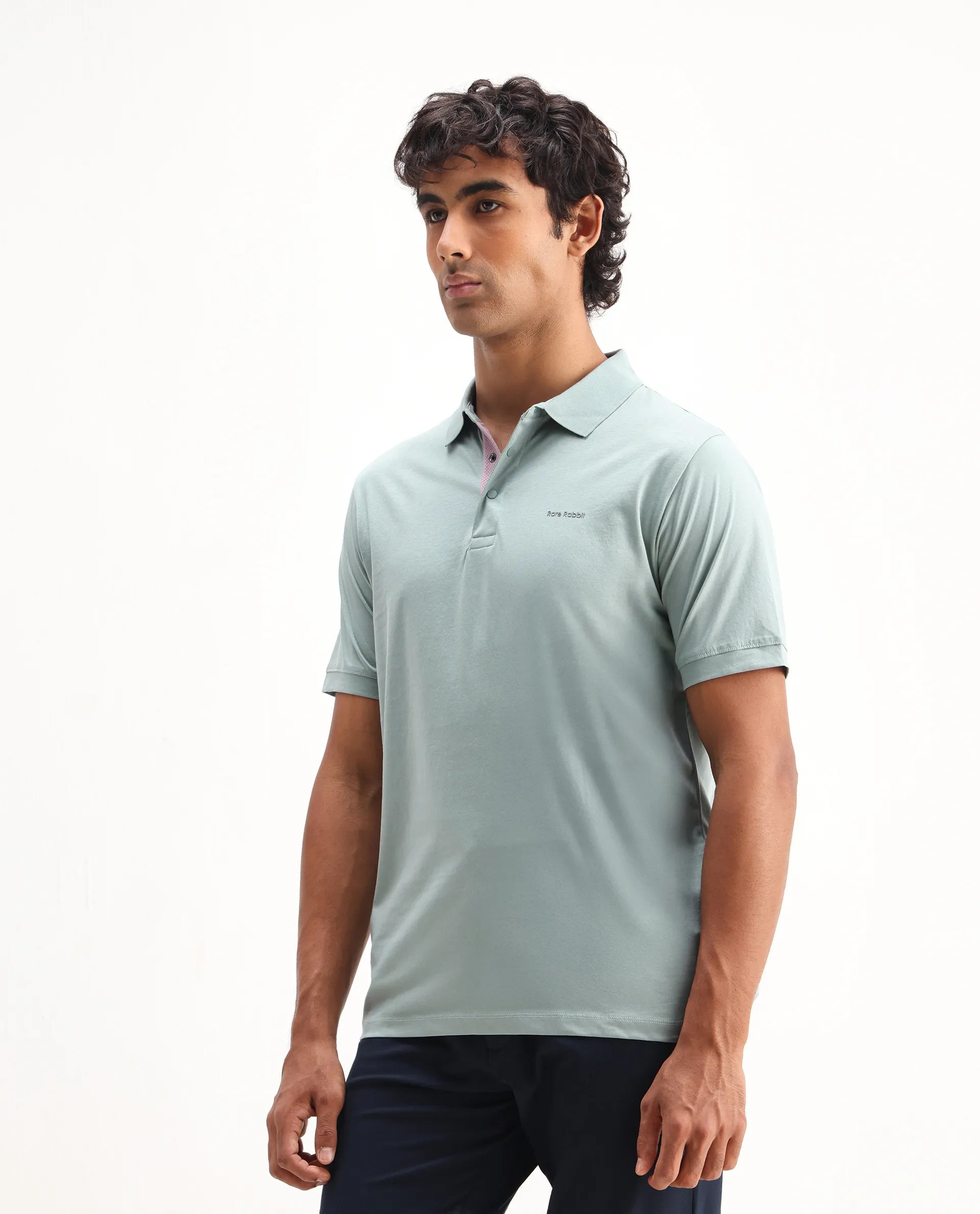 Rare Rabbit Men's Keneth Light Teal Cotton Plain Regular Fit Half Sleeve Polo