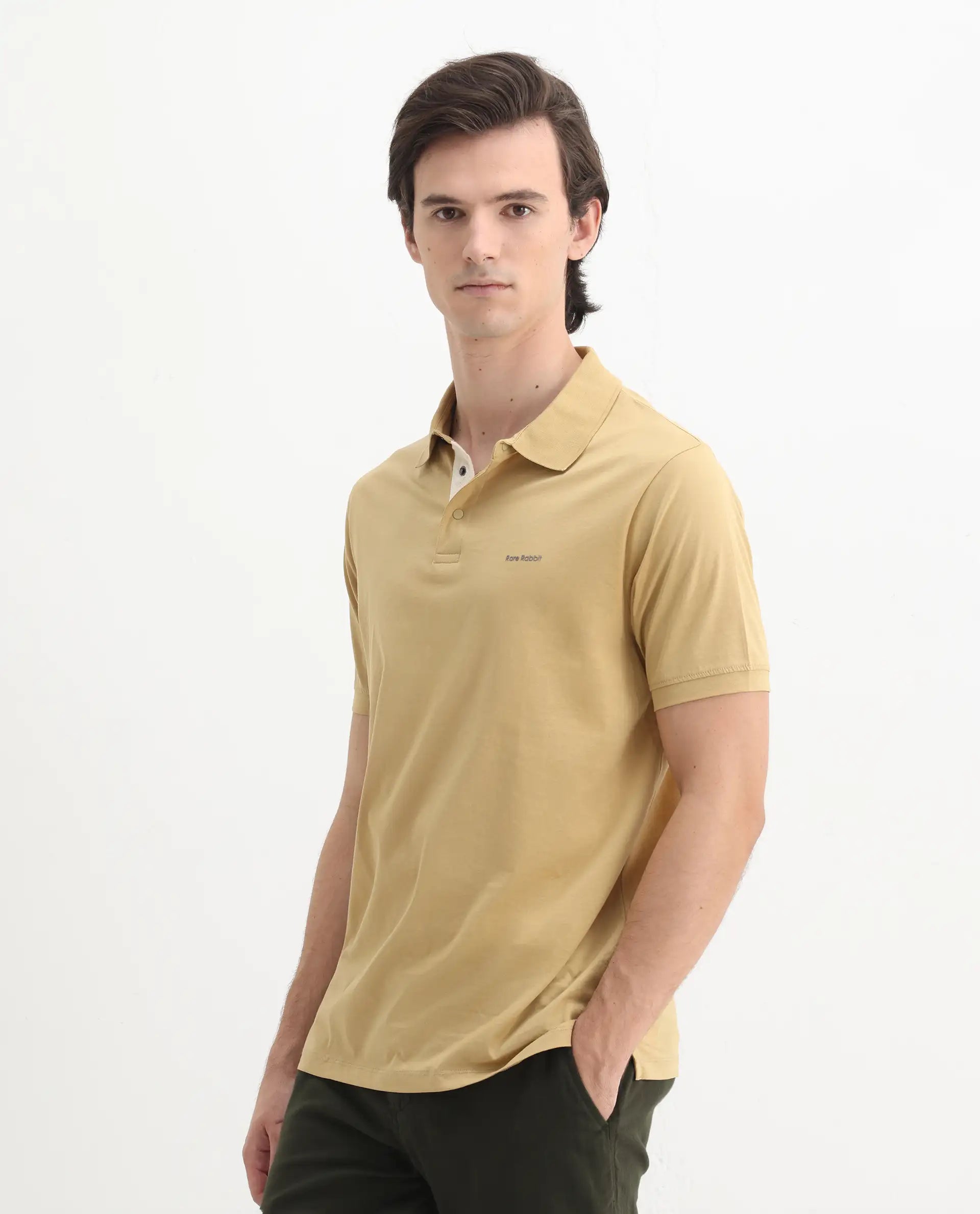 Rare Rabbit Men's Keneth Pastel Brown Cotton Plain Regular Fit Half Sleeve Polo