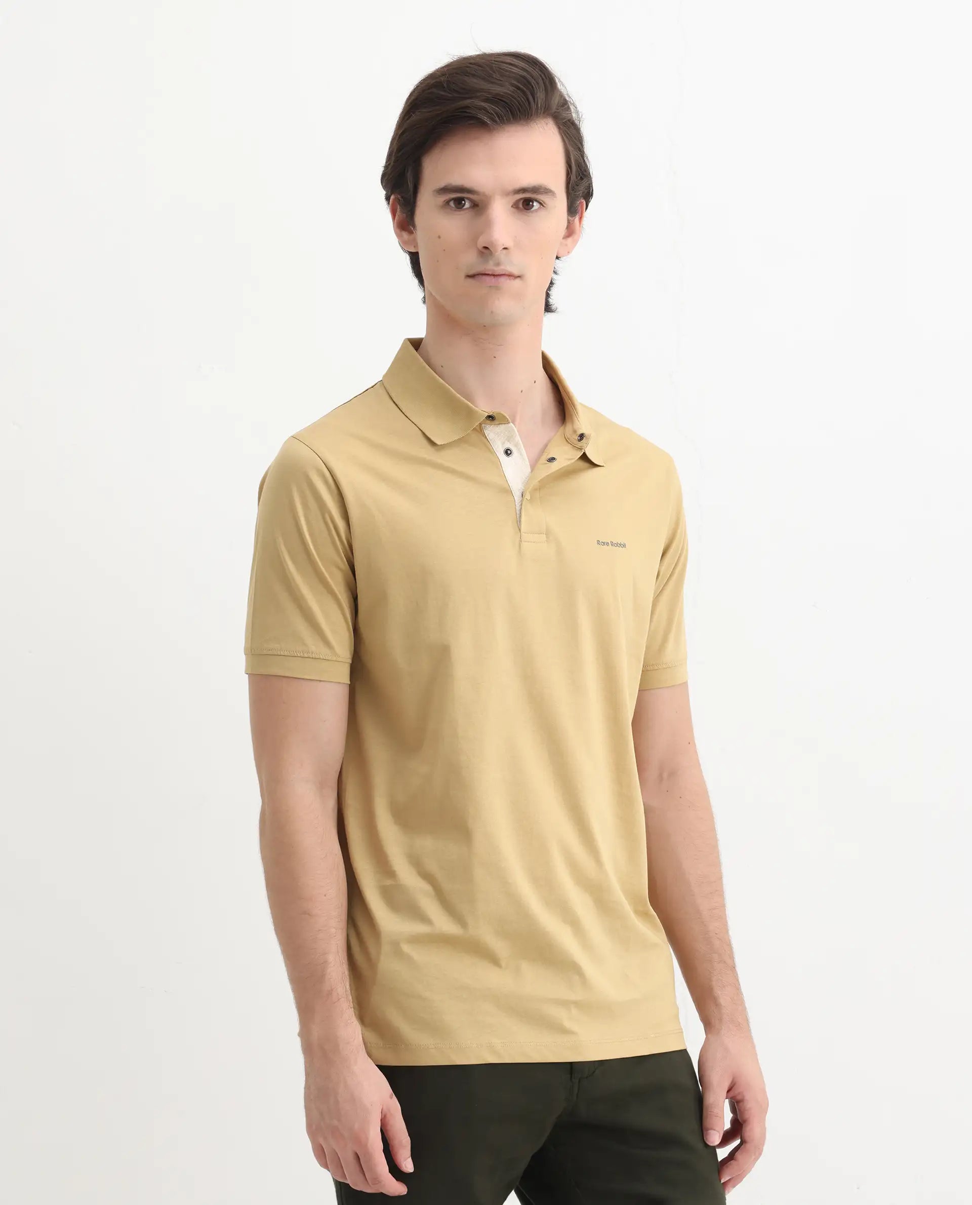Rare Rabbit Men's Keneth Pastel Brown Cotton Plain Regular Fit Half Sleeve Polo