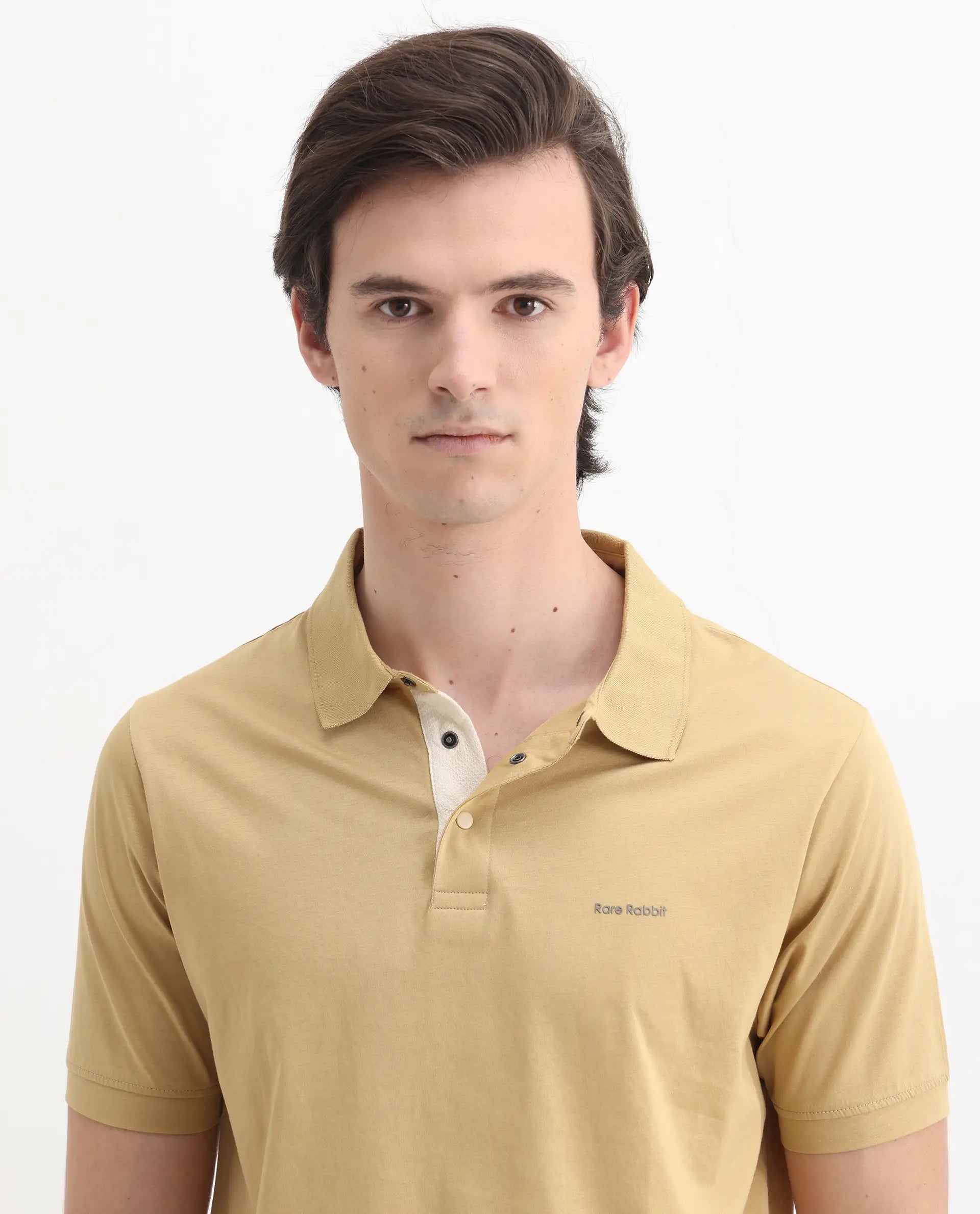 Rare Rabbit Men's Keneth Pastel Brown Cotton Plain Regular Fit Half Sleeve Polo