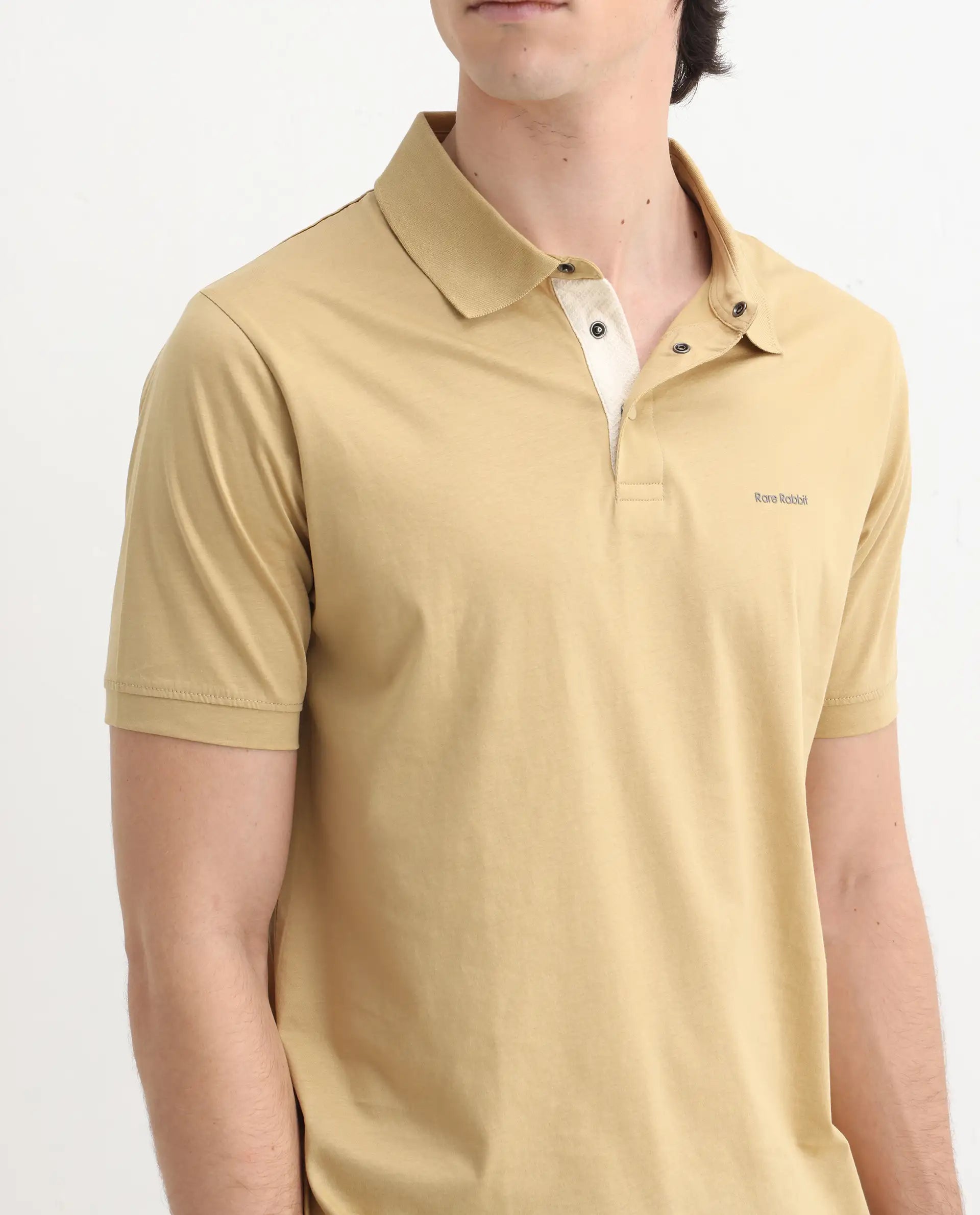 Rare Rabbit Men's Keneth Pastel Brown Cotton Plain Regular Fit Half Sleeve Polo