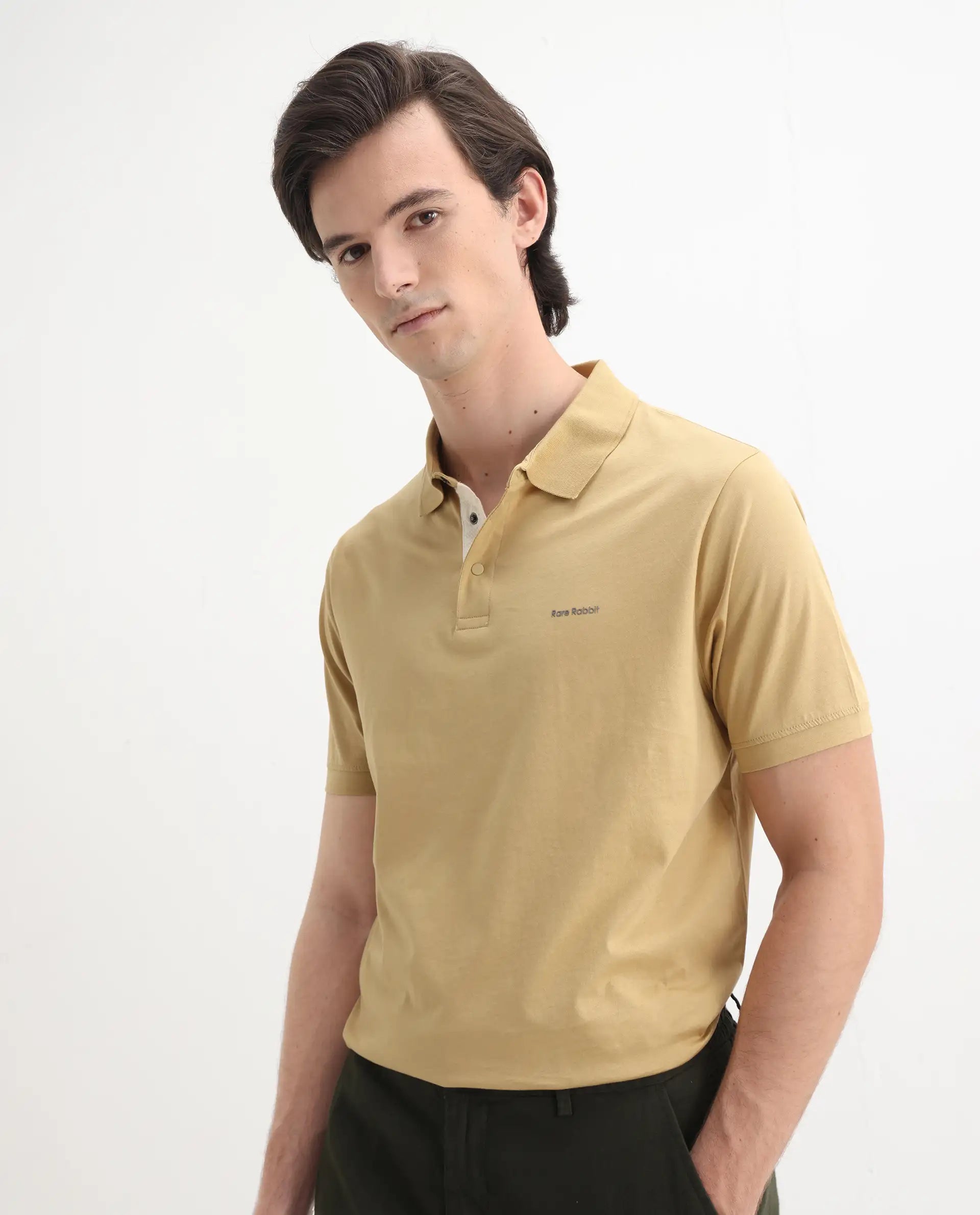 Rare Rabbit Men's Keneth Pastel Brown Cotton Plain Regular Fit Half Sleeve Polo