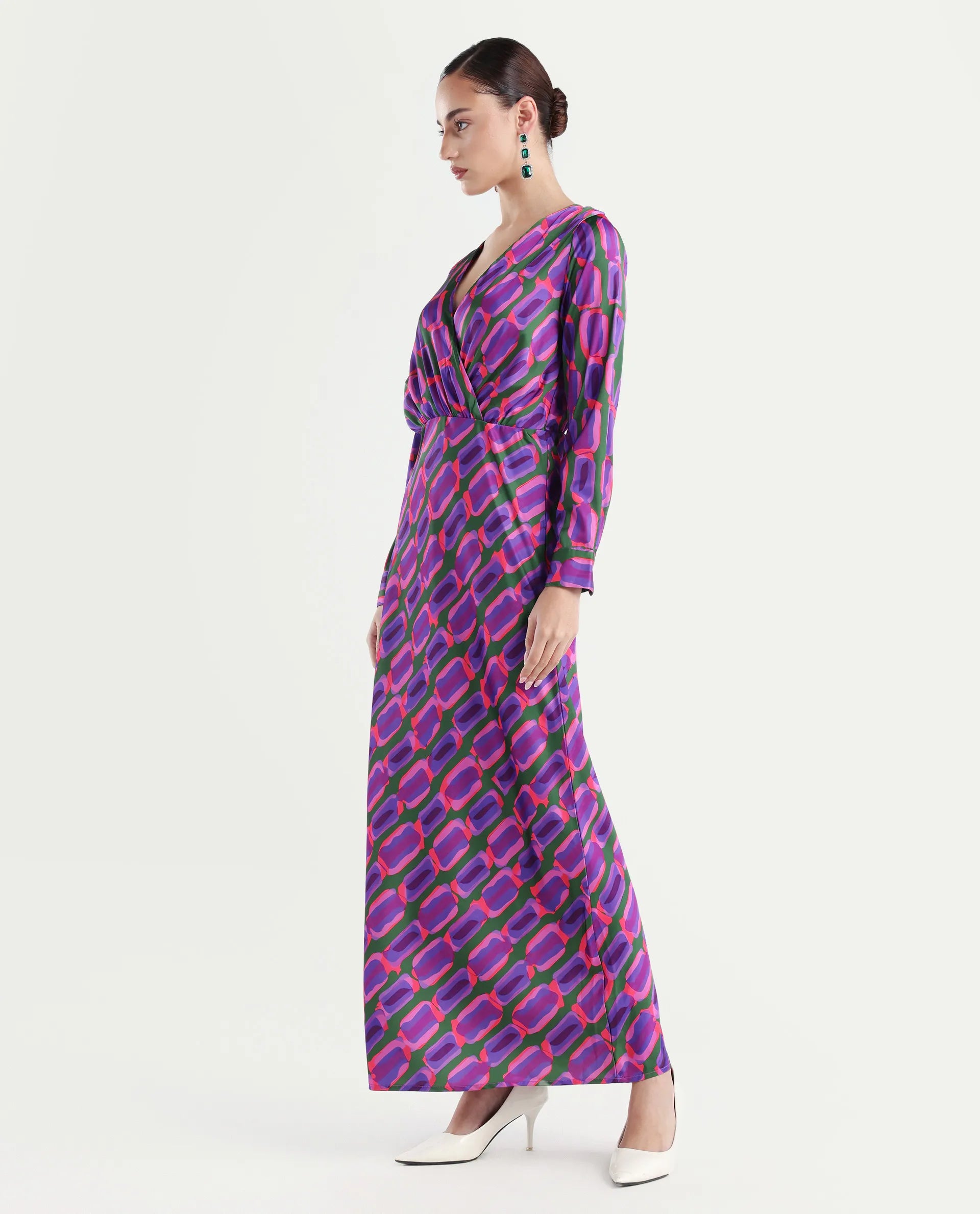 Rareism Women's Kenra Purple Polyester Collarless Geometric Print Maxi Relaxed Fit Dress
