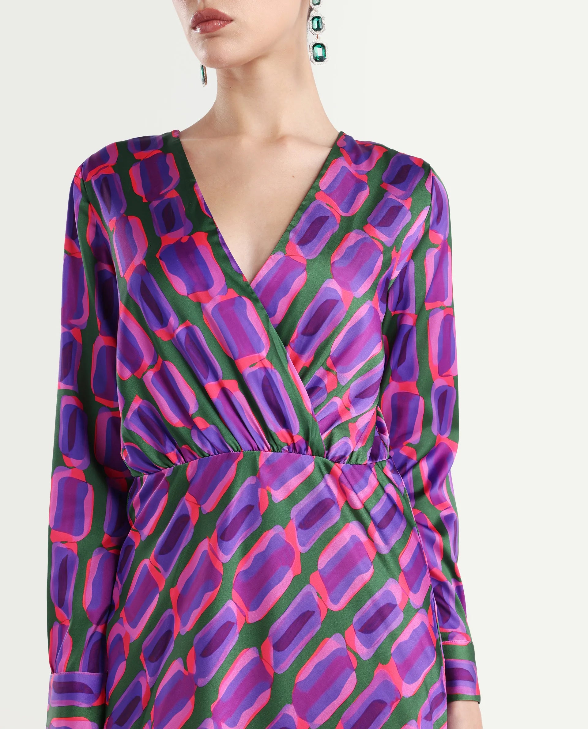 Rareism Women's Kenra Purple Polyester Collarless Geometric Print Maxi Relaxed Fit Dress