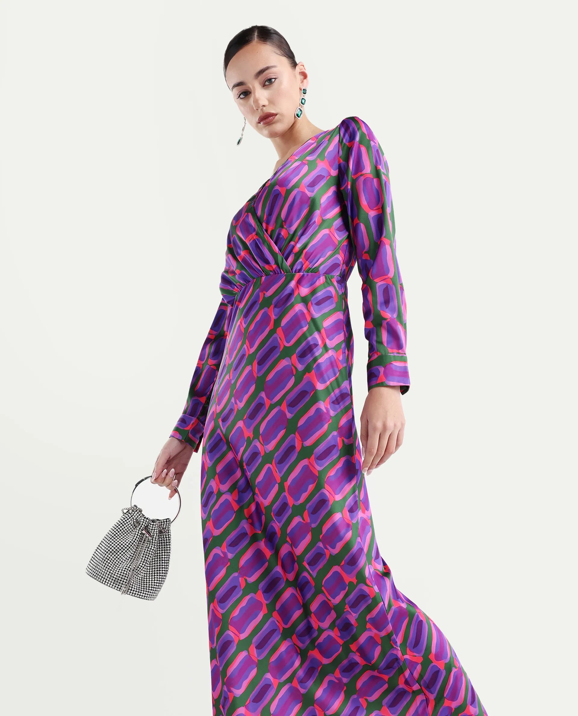 Rareism Women's Kenra Purple Polyester Collarless Geometric Print Maxi Relaxed Fit Dress