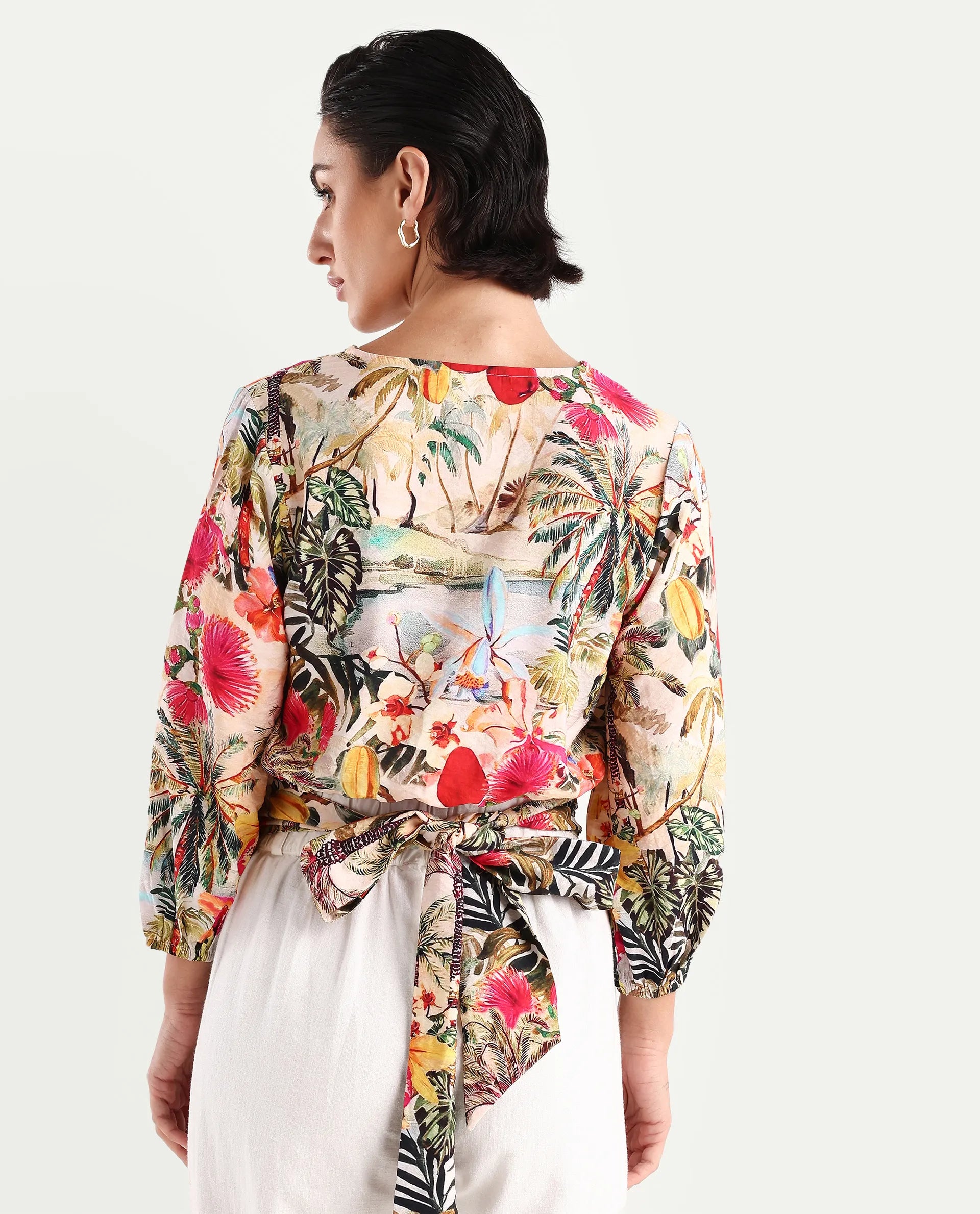 Rareism Women's Kenro Multi Nylon Blend V-Neck Tropical Print Bell Sleeve Crop Regular Fit Top