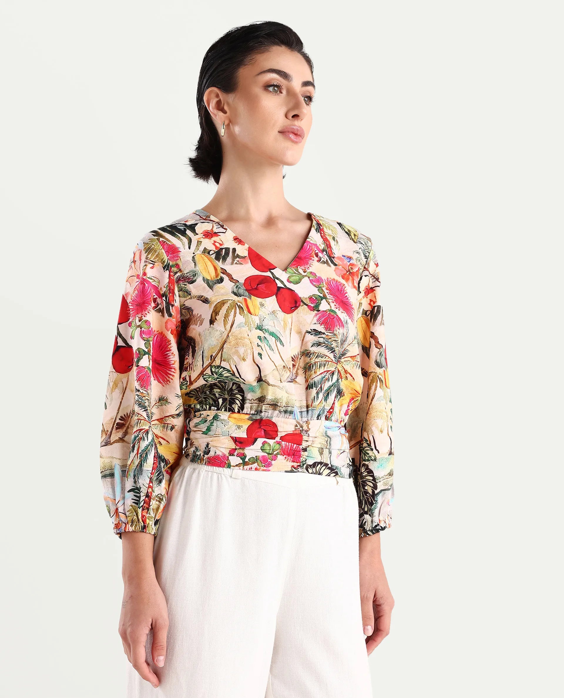 Rareism Women's Kenro Multi Nylon Blend V-Neck Tropical Print Bell Sleeve Crop Regular Fit Top