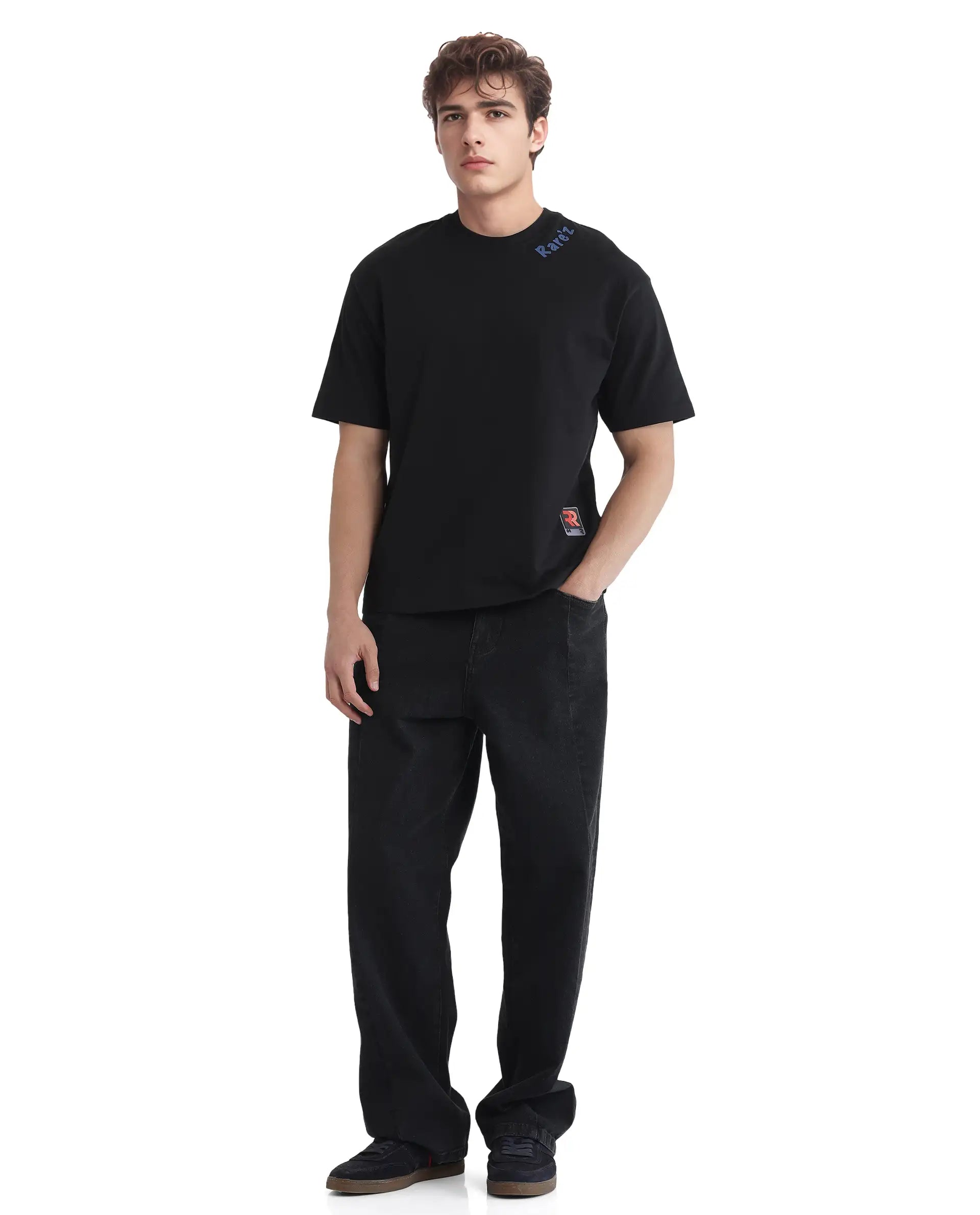 Rare Rabbit Men Kent Black Cotton Fabric Short Sleeve Crew Neck Oversized Fit Graphic Backprint T-Shirt