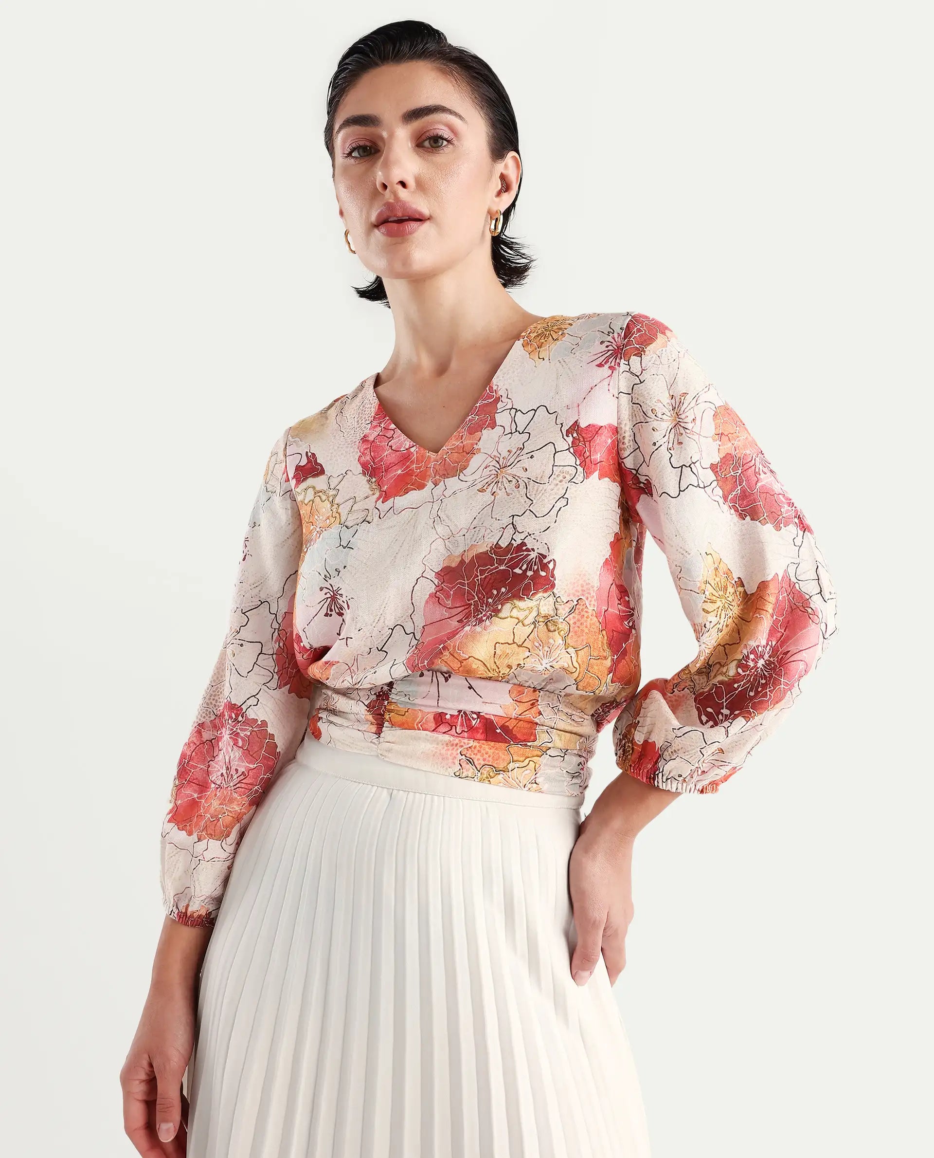 Rareism Women's Kently Multi Nylon Blend V-Neck Floral Print Bell Sleeve Crop Regular Fit Top